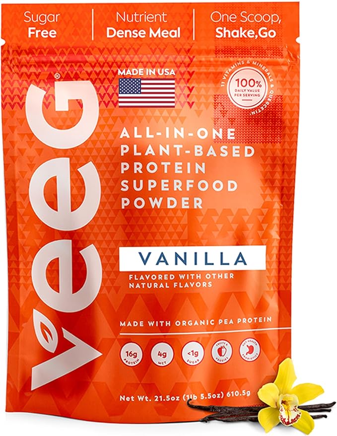 Veeg All-in-One Protein Smoothie Powder - Plant Based Protein Powder, Superfoods, Organic Greens, MCT Powder, Probiotics, Multivitamins for Men & Women, Sugar-Free, 15 Servings (Vanilla)