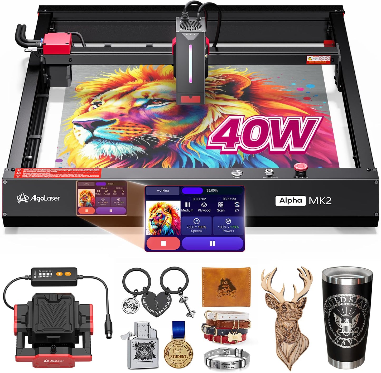 Algolaser 40000mW Laser Engraver Machine - Laser Cutter/Engraver with Air Assist Kit - Laser Engraving Machine with 3.5" Smart Touchscreen & AlgoOS System,Laser Engraver for Metal,Wood,Acrylic