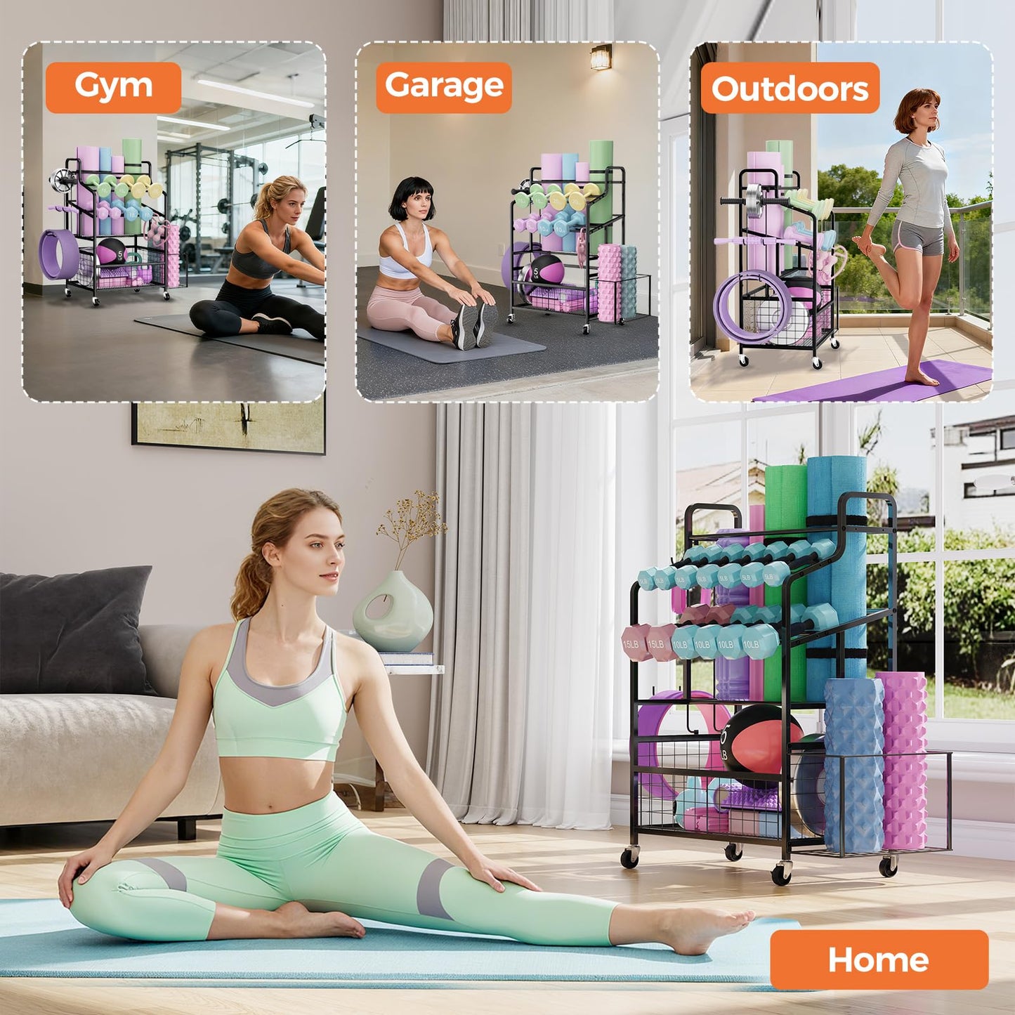 HavenlyYouth Dumbbell Rack Holds Yoga mat, Weight Rack Storage for Home Gym, Workout Equipment Organizer for Kettlebells and Foam Roller With Hooks and Wheels