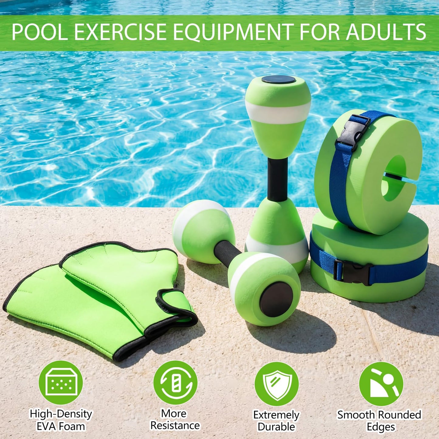Hungdao Water Aerobics Set for Aquatic Exercise Include Foam Water Dumbbell Swim Aquatic Cuffs Ankle Arm for Sport Swimming Glove Pool Resistance Weights Fitness Equipment for Workout Training (Green)