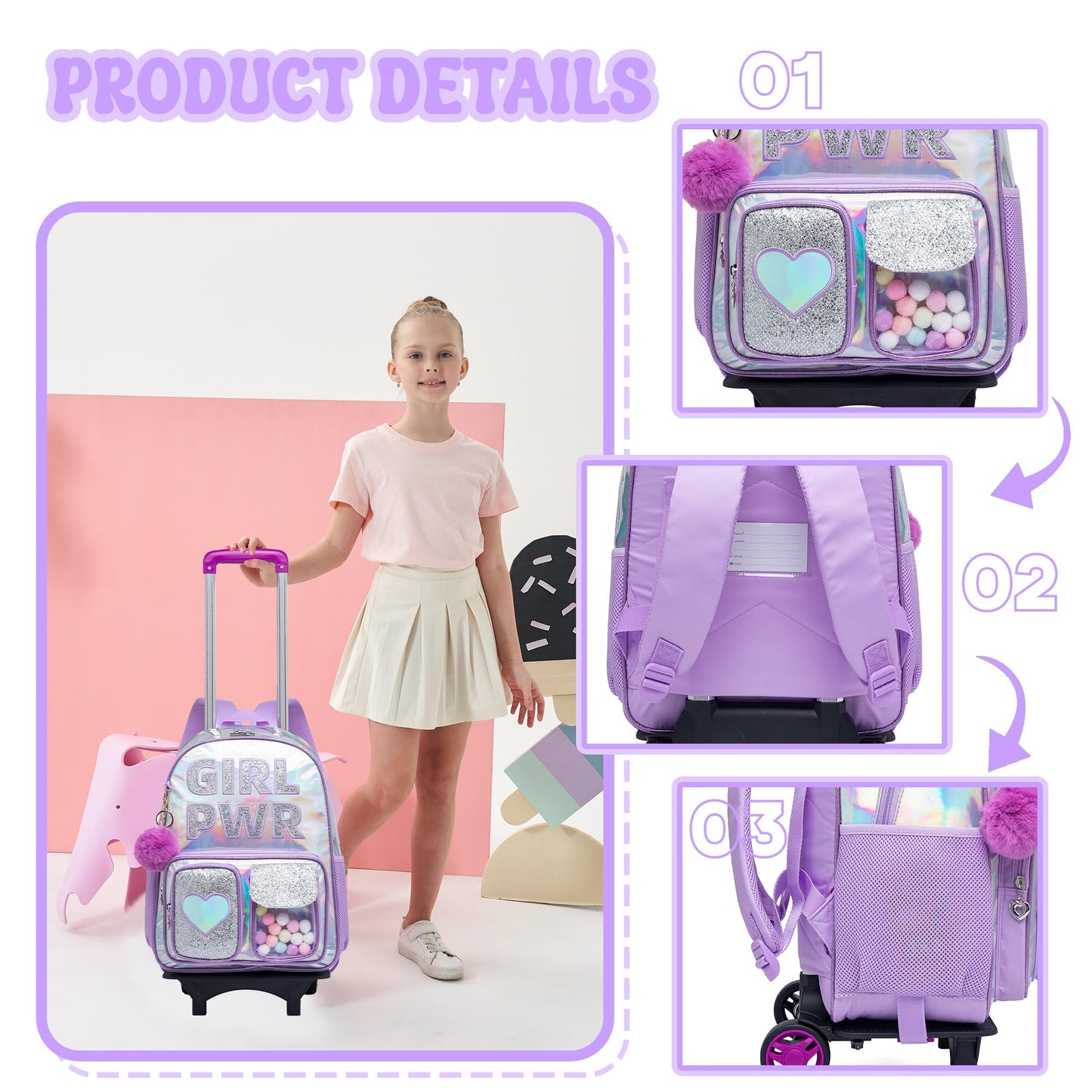Meetbelify Rolling Backpack for Girls Backpack with Wheels for Elementary Student Kids School Bag with Lunch Box Pencil Case for Girls Ages 6-8 Years Old