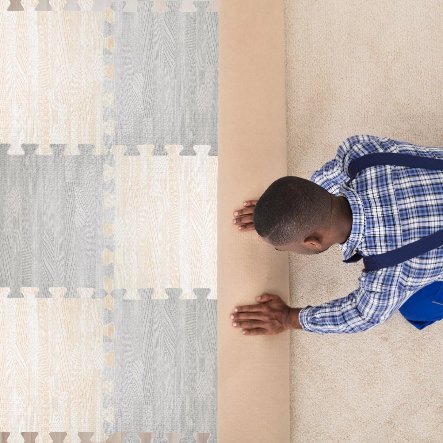 8 PCS Soundproof Interlocking Rug Pad 11.8 x 11.8 x 0.4 Inch, Non Slip Rug Pads, Noise Reduction Protective Cushioning Puzzle Foam Padding, Safe for All Floors and Finishes, Grey and White
