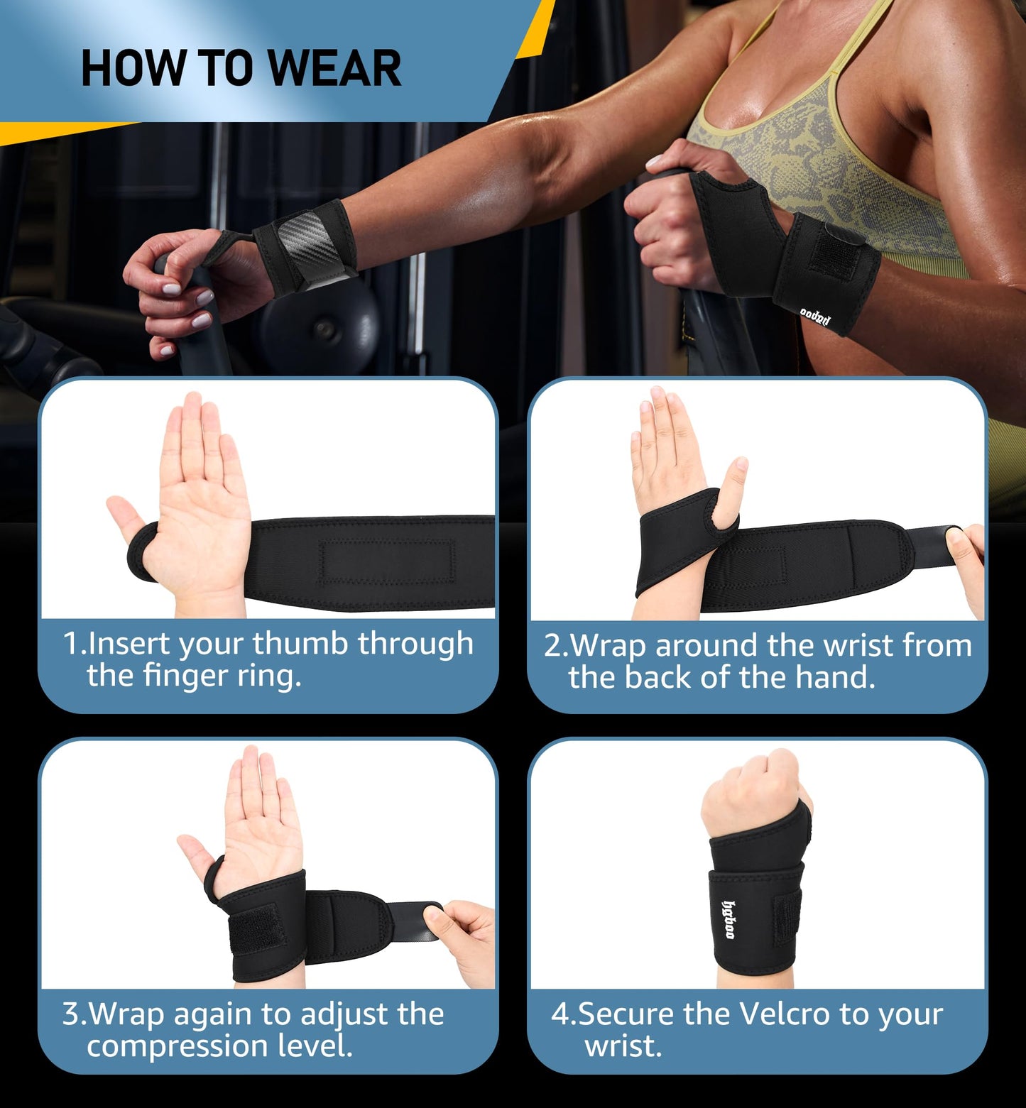 HGBOO 2-Pack Weightlifting Wrist Wraps, Durable Thick Neoprene Wrist Brace Support for Powerlifting, Gym Workouts, Tennis | Pain Relief for Carpal Tunnel, Arthritis, Tendonitis - Adjustable (Black)