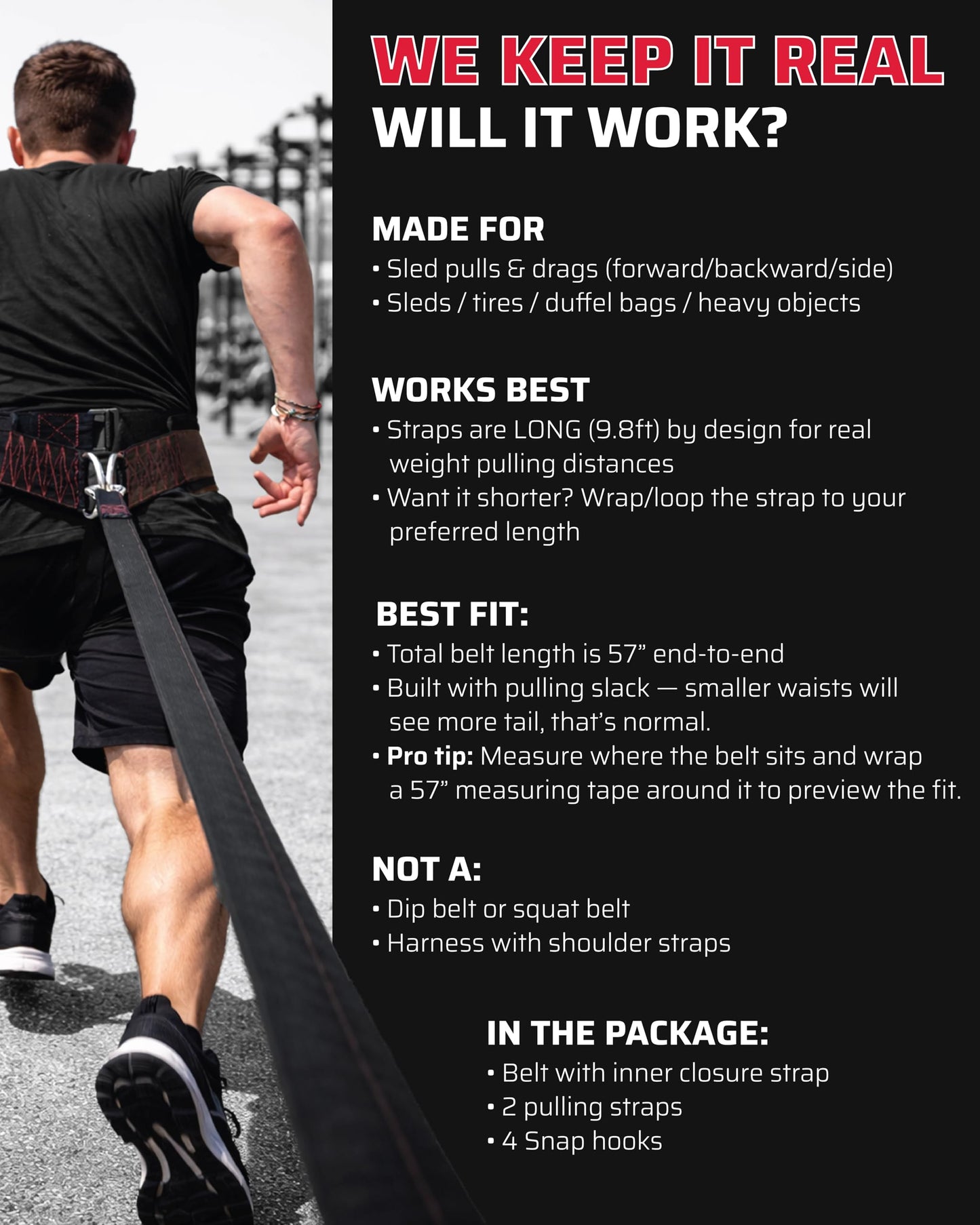 THEFITGUY Sled Pulling Belt, Adjustable Closure, 2 Straps & 4 Hooks - for Multidirectional Resistance Training, Strength and Agility