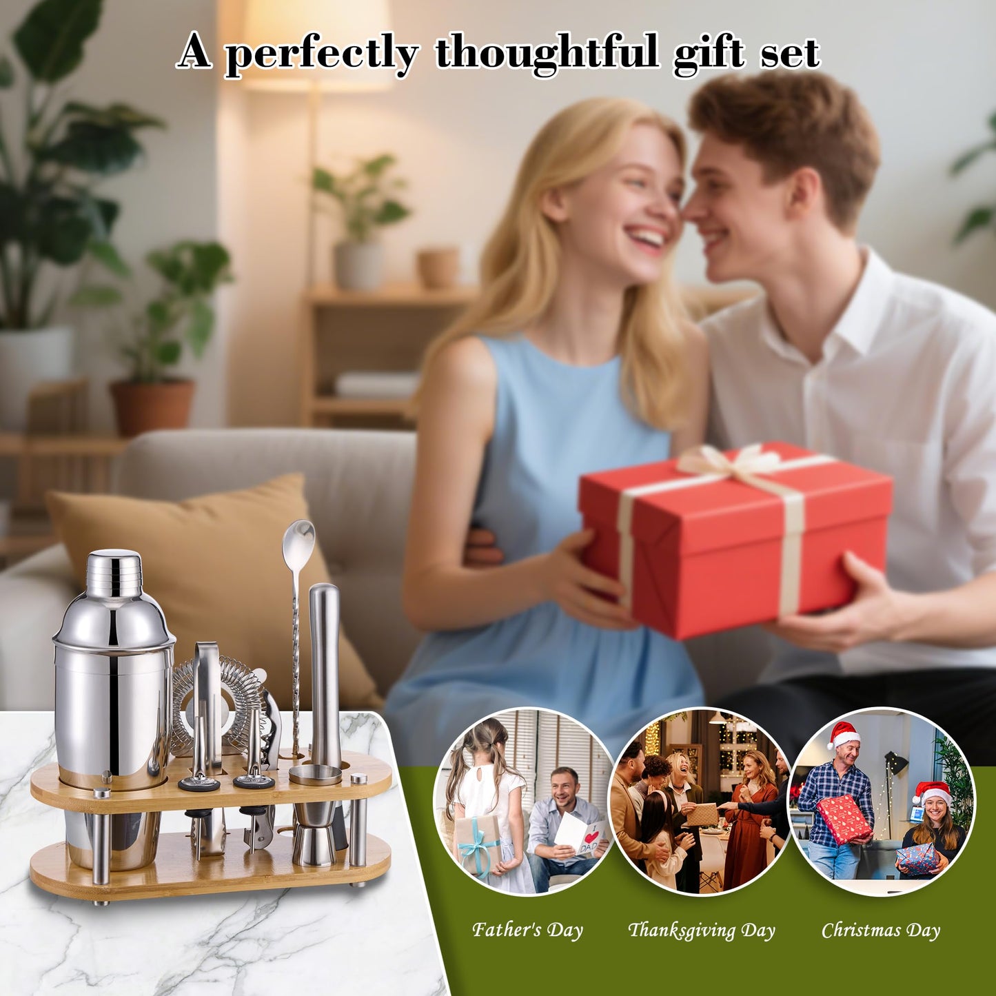 Cocktail Shaker Set Bartender Kit - 11 Pcs Bar Tool Set with Bamboo Stand & All Bar Accessories: Martini Shaker, Strainer,Jigger, Muddler, Mixer Spoon Barware Kit, for Bar, Home Lounge & Party