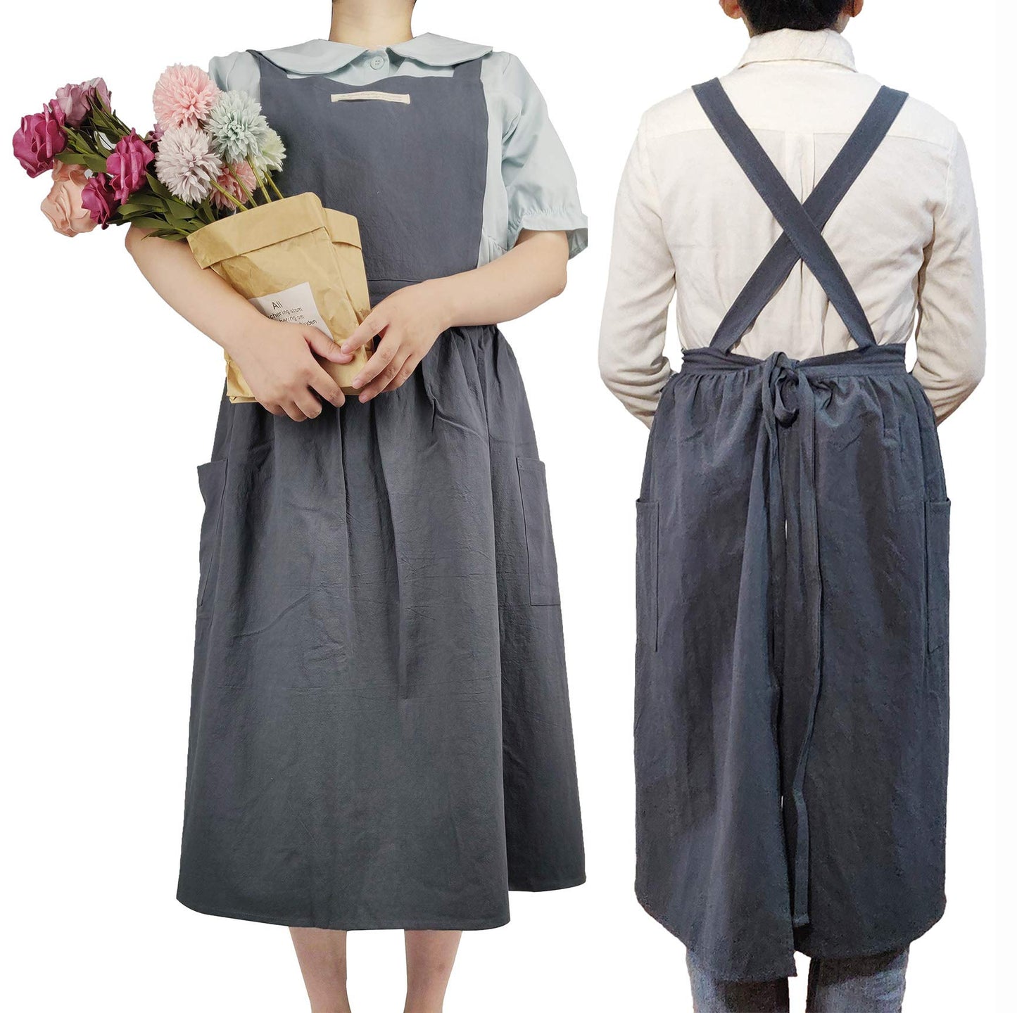 losofar Women Girls Vintage Apron Adjustable Gardening Works Cross Back Cotton/Linen Blend Aprons Pinafore Dress with Two Pockets (greengrey, 39"x 59")