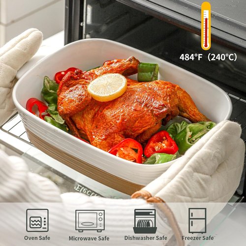 Hasense Ceramic Baking Dish - Non-Stick Lasagna Pan with Handle | 11.8x8.7 Inch, 3.4 Qt, White
