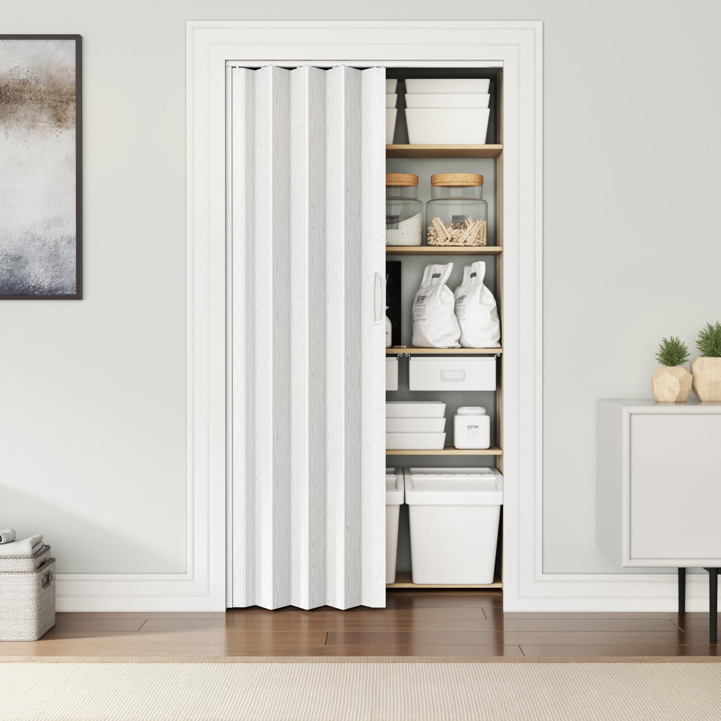 Techni Home Studio Series 32" W x 80" H PVC Foldable Accordion Door, Trimmable, Flexible Single Layer Panels, White Oak