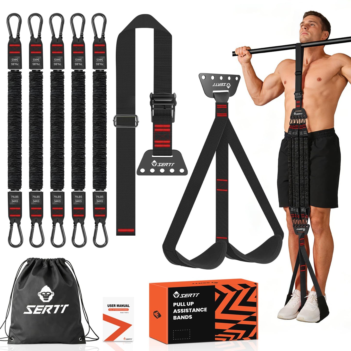 SERTT Adjustable Pull Up Assistance Band, Upgrade Pullup Assist Band for Pull Up Bar with 5 Heavy Duty Resistance Bands Support 375lbs (Black)