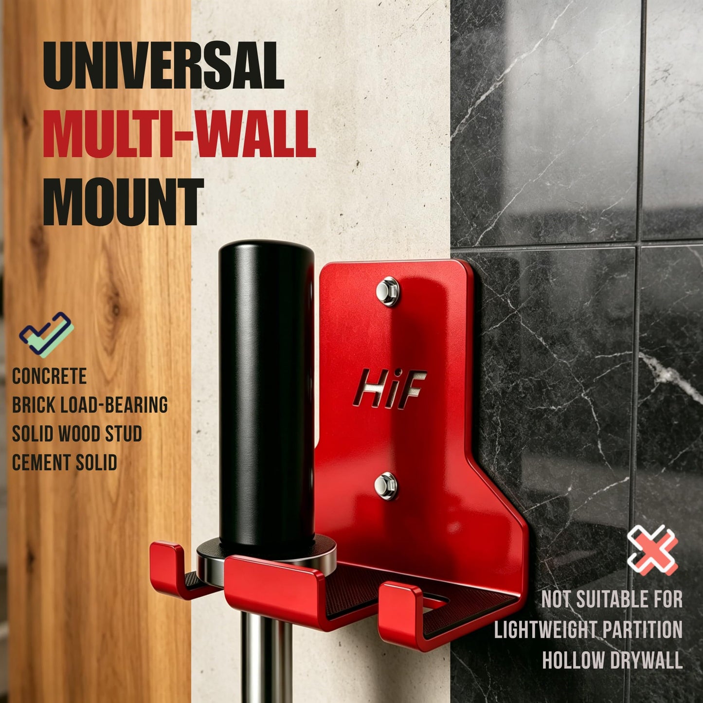 Olympic Barbell Hanger,Garage Gym Bar Wall Rack,Vertical Barbell Mount Rack,Space Saving Commercial or Home Gym Accessory,Holds Under 33mm Bar Size (Red 2 Hooks)