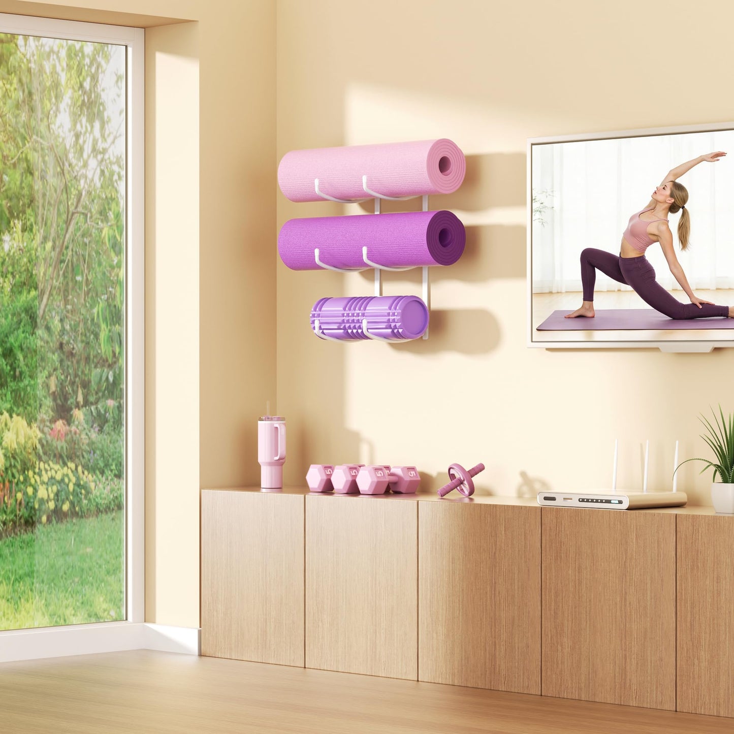 Josmimic Yoga Mat Holder Wall Mount, 3-Tier Storage Rack for Yoga Mat, Foam Roller, Block, Yoga Accessories, Wall Organizer for Home Gym, Gym, Workout Room, Metal, White