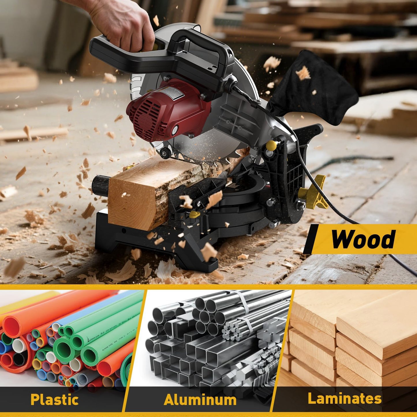 Marvtool 10-inch Compound Miter Saw, 5000RPM, 15 Amp, Single Bevel 0-45° with Extension Table, 36T Blade, Power Saw for Metal, Plastic, Wood, Laminates
