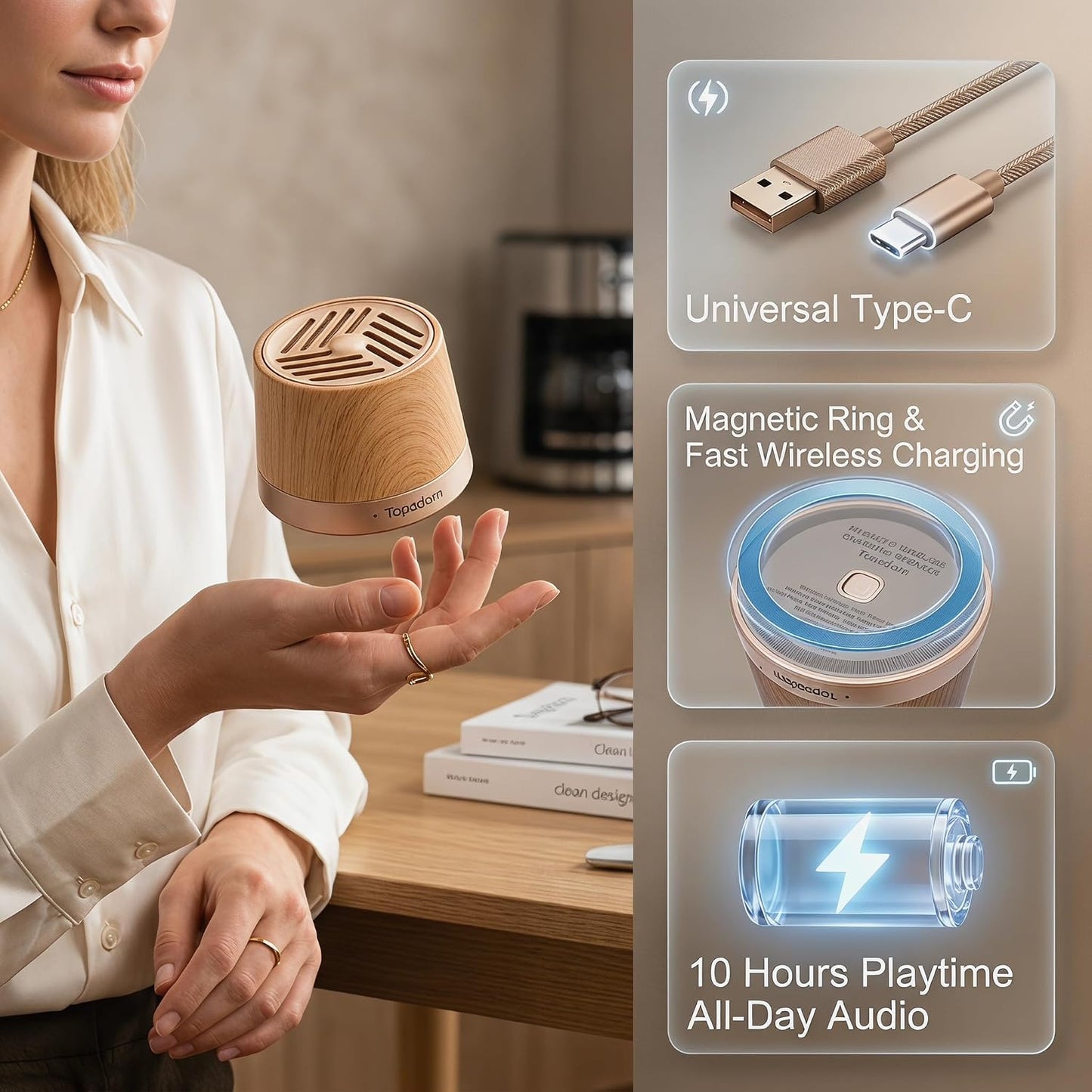Topadorn 15W Magnetic Bluetooth Speaker with Wireless Charger & Phone Stand, Portable HD Sound Speaker