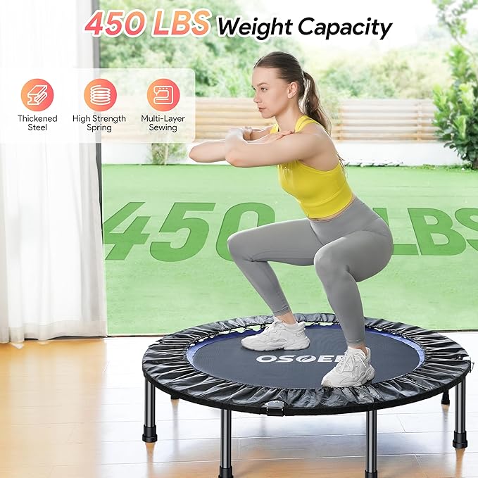 Osoeri 48" Rebounder Trampoline Foldable for Adults Max Load 450lbs, Mini Trampoline with Adjustable Foam Handle for Adults, Fitness Trampoline Indoor/Garden Workout
