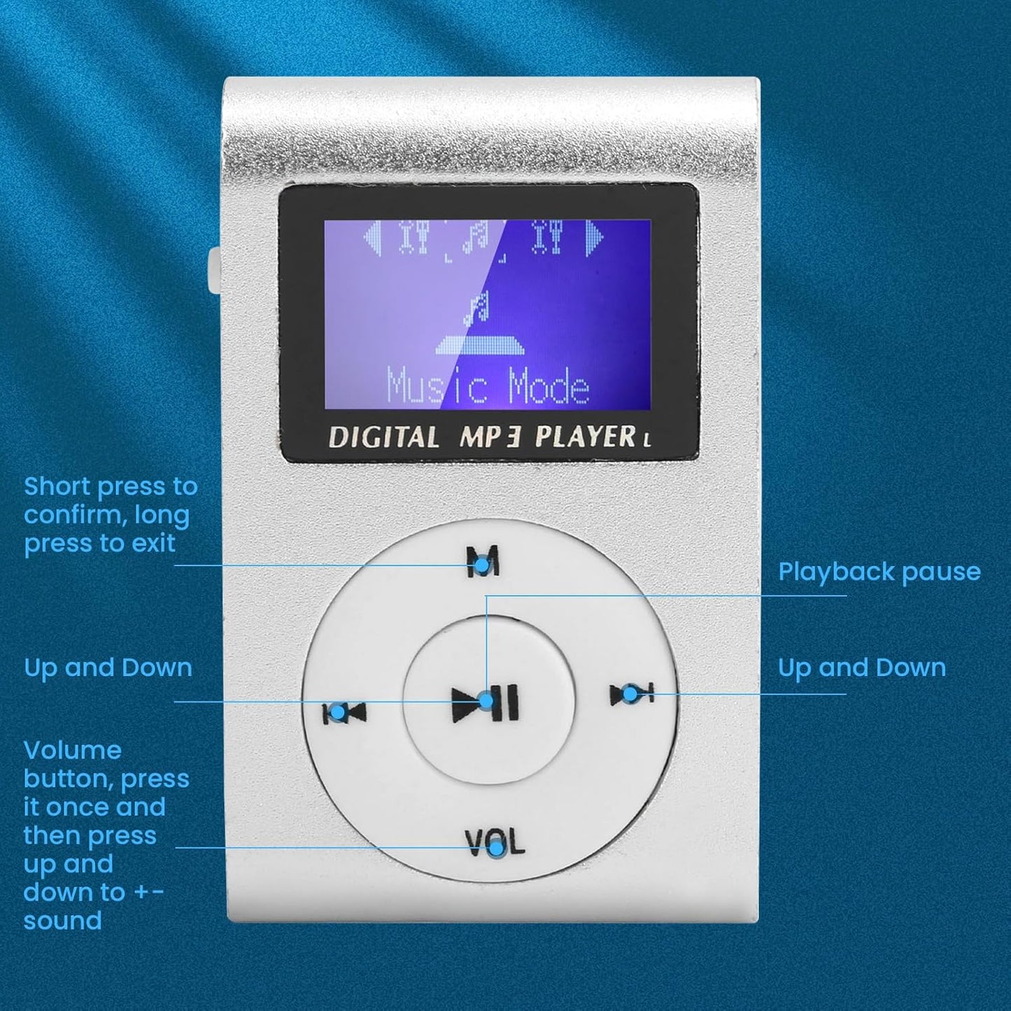 SALALIS MP3 32GB Music Player with Clip, USB & LCD Screen, Supports Memory Card, Earphone & USB Cable (Silver)