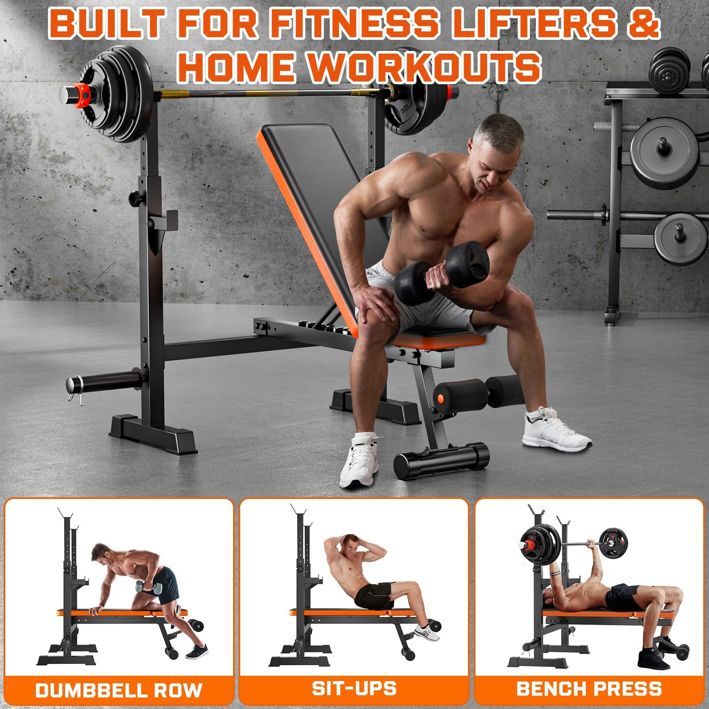 Adjustable Weight Bench with Squat Rack, 770lbs Heavy Duty Olympic Bench Press for Home Gym, Multi-Function Flat Incline Workout Bench Family Strength Training with Removable Foot Catch (Weight Bench Set+2*10LBS+2*25LBS Plates)
