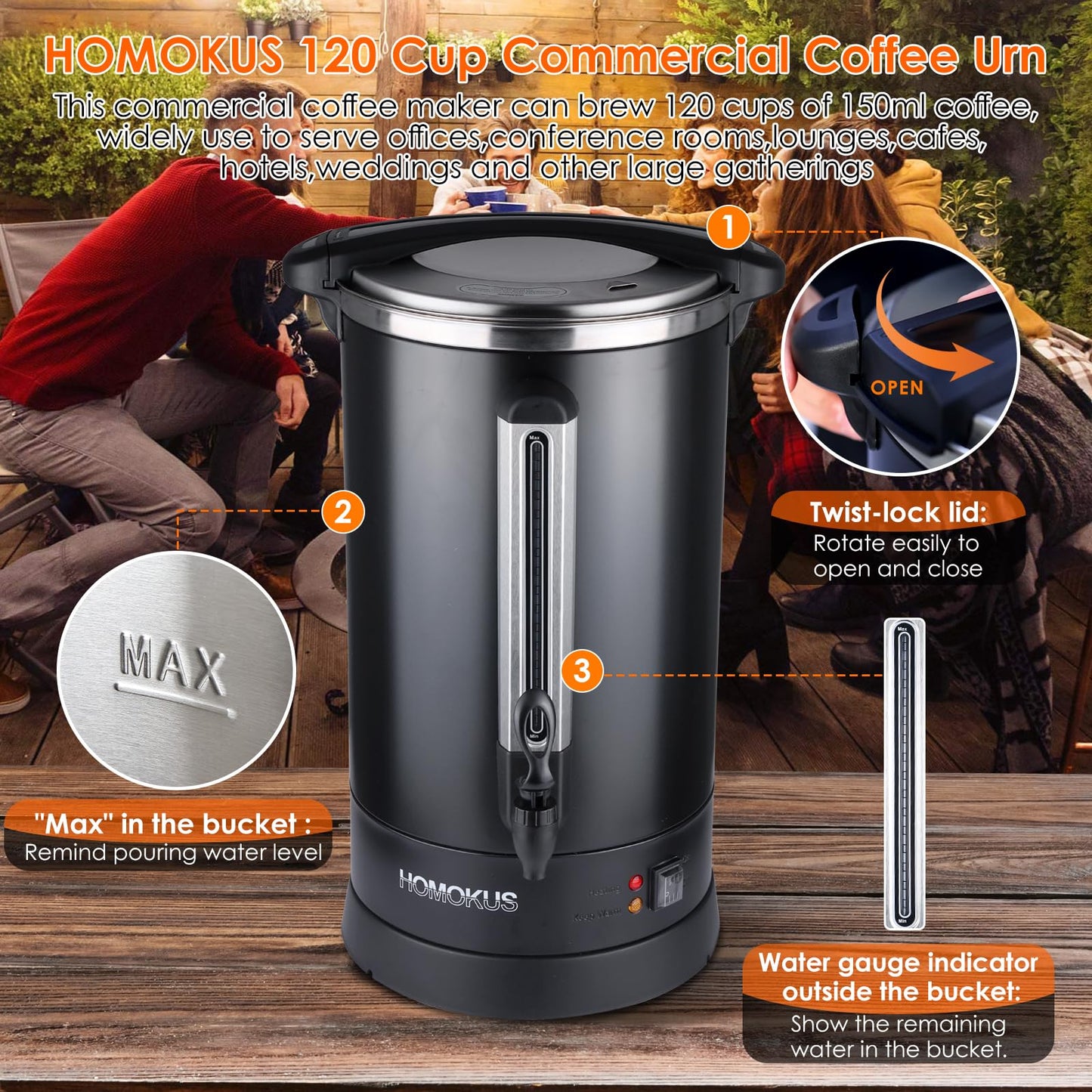 HOMOKUS Commercial Coffee Urn,120 Cup Commercial Coffee Maker,18L Double Wall Stainless Steel Large Hot Coffee Dispenser Hot Water Urn,1500W Quick Brew Electric Coffee Percolator (Dark Grey)