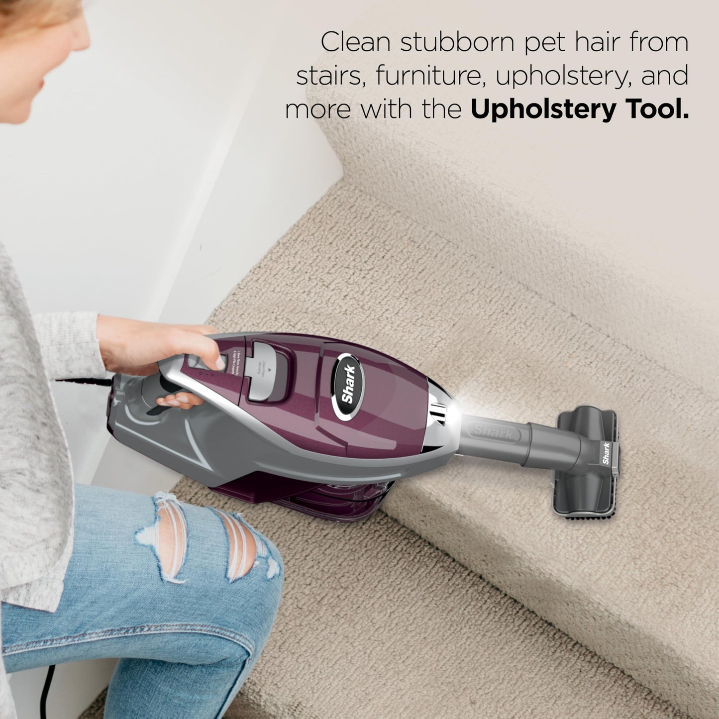 Shark HV322 Rocket Pet Plus Corded Stick Vacuum with LED Headlights, XL Dust Cup, Lightweight, Perfect for Pet Hair Pickup, Converts to a Hand Vacuum, with (2) Pet Attachments, Bordeaux/Silver