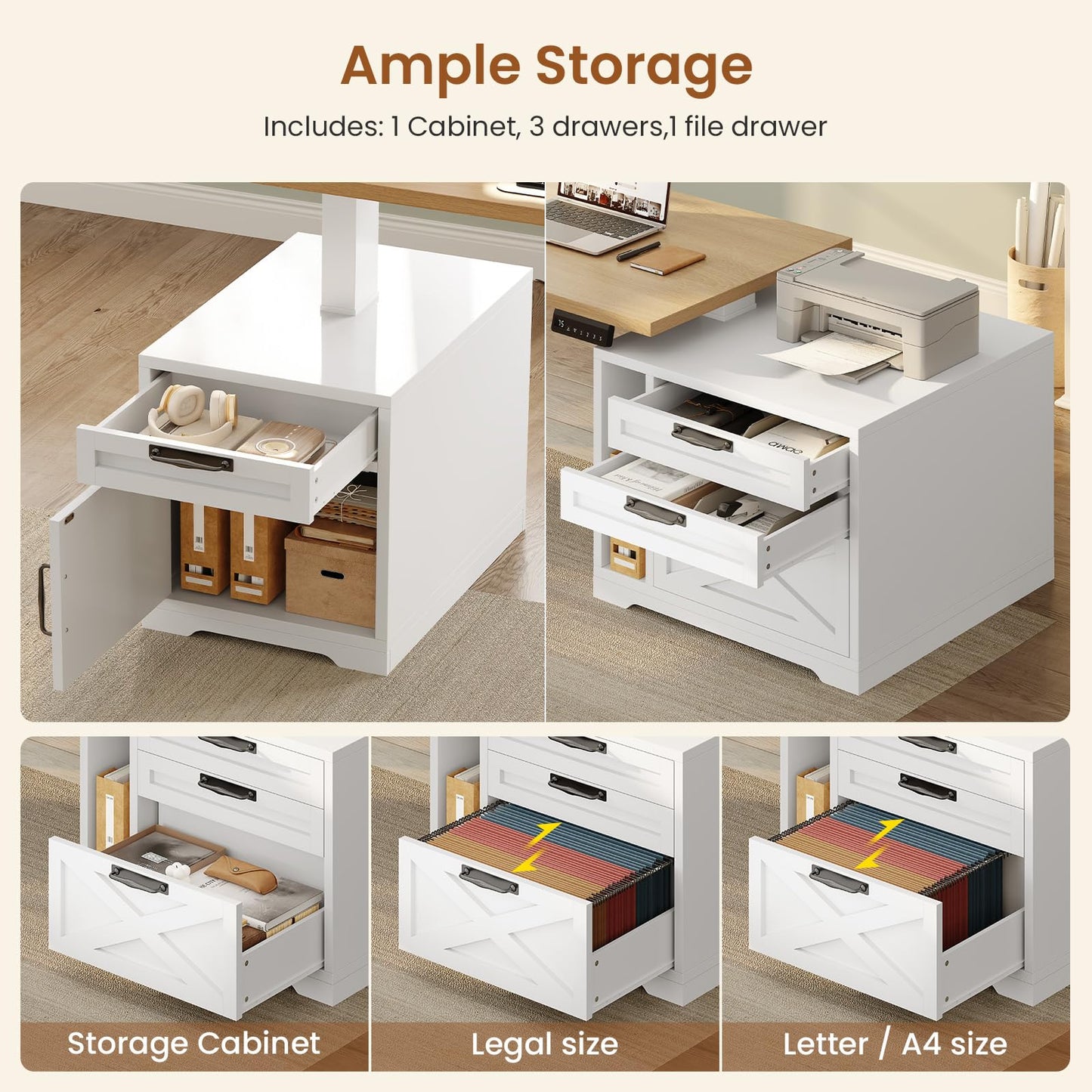 SEDETA Farmhouse L Shaped Standing Desk, 70.1" x 73.2" Height Adjustable Home Office Executive Desk with Drawers, Power Outlet, Monitor Stand, Sit Stand Table with Led Lights for Home Office, Oak