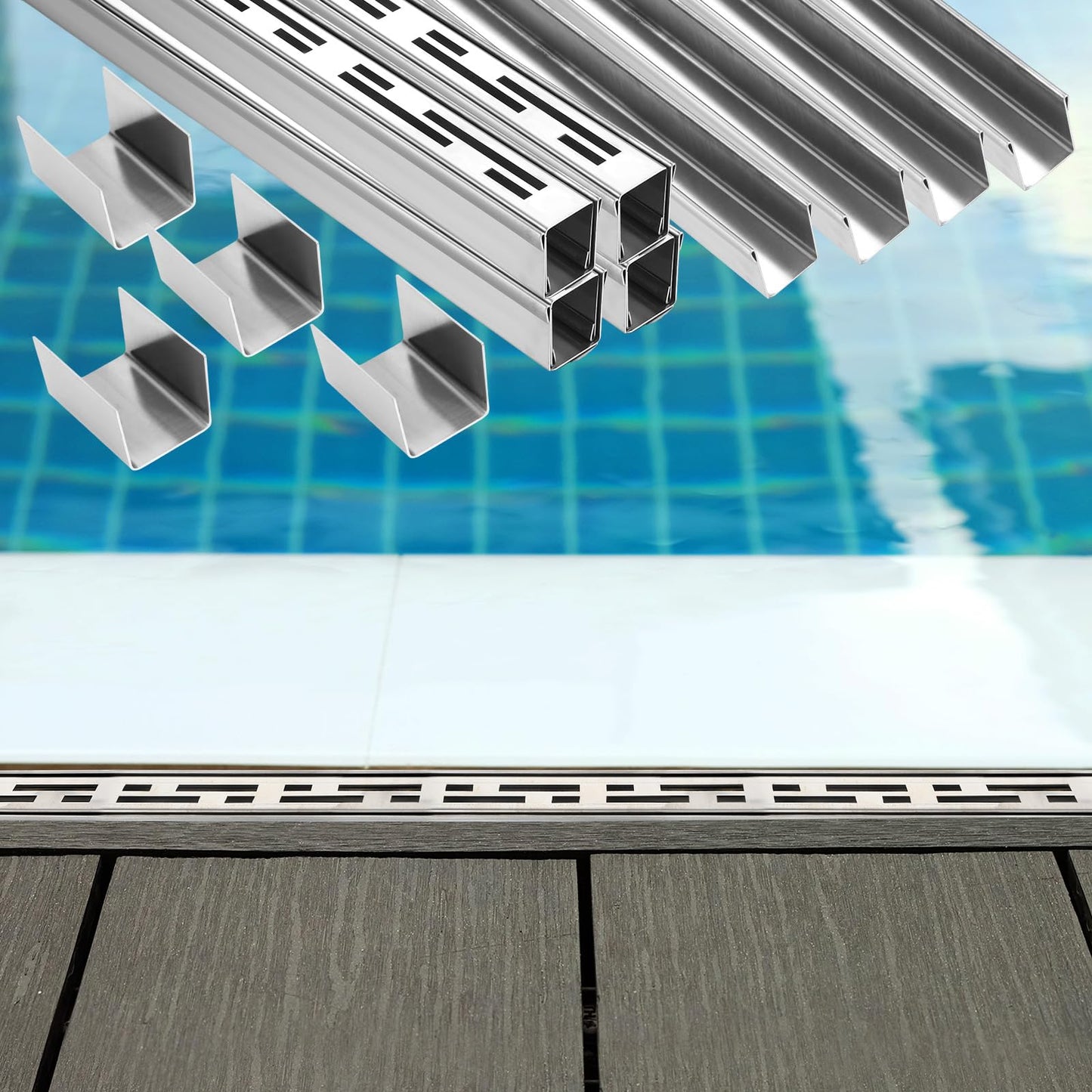 Otoolling 4 Pack Pool Deck Drain 1.25-inch W x 4-feet L, Outdoor Deck Drainage System 304 Stainless Steel with Coupling, Channel Drain for Integrated Grate/Concrete/Paver/Patios/Walkways (Silver)