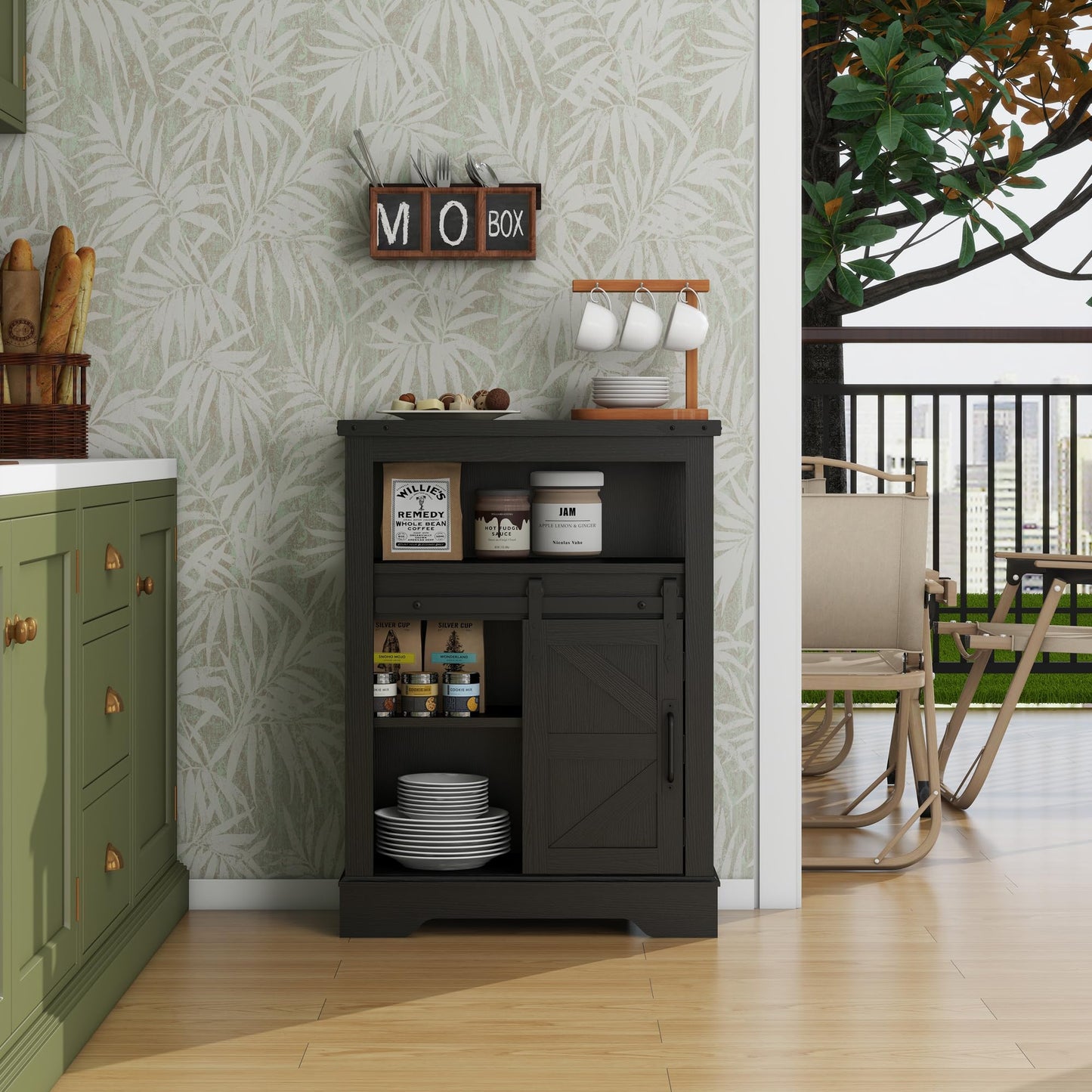 Panana Farmhouse Bathroom Floor Cabinet, Sliding Barn 3 Drawers & 1 Door Freestanding Small Storage Cabinet for Bathroom, Kitchen (Black)