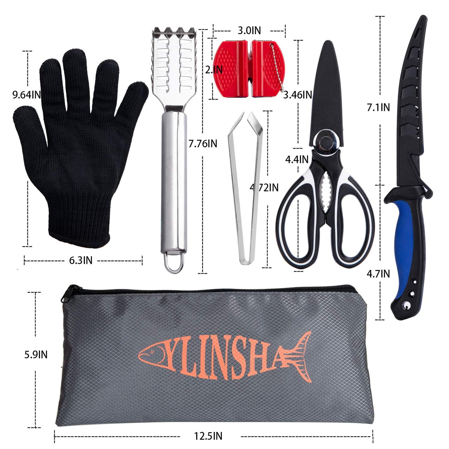 YLINSHA Fishing Knife, Fish Cleaning Kit 7 PC Set with Fish Knife, Fish Scale Cleaning Brush, Multi-Functional Scissors, Anti-Cutting Gloves, Fishbone Tweezers, Storage Bag