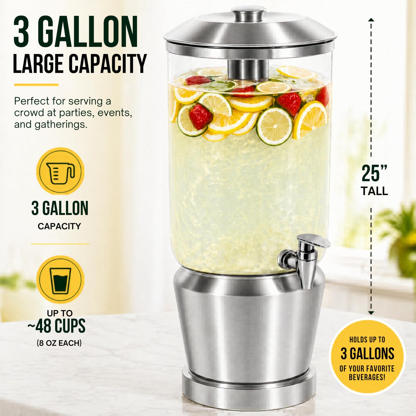 Drink Dispenser with Ice Chambers, Lemonade Tea Water Dispenser with Spigot, Stainless Steel Beverage Jar Jug, Perfect for Home Parties, Weddings, Gifts & Events (Silver, 3, Gallons)