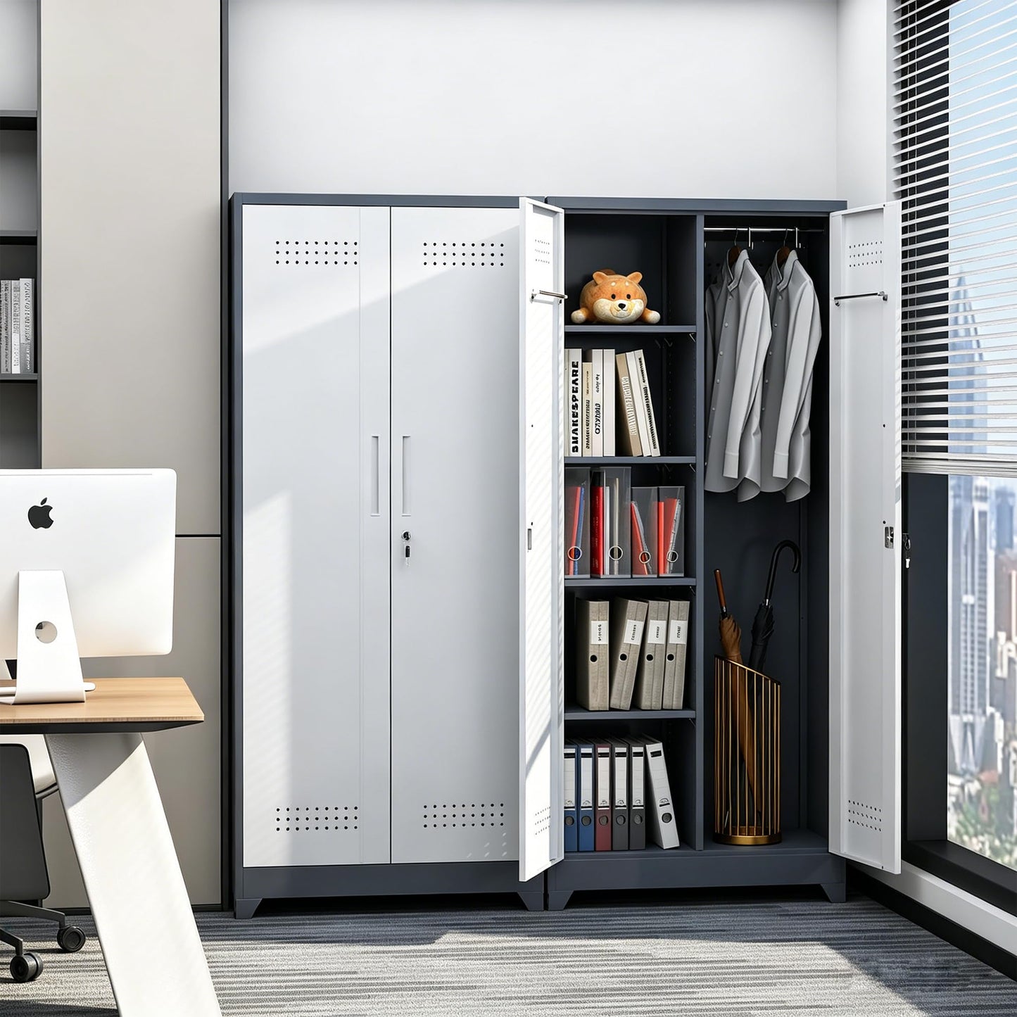 NICEGDLT Metal Storage Cabinet 72" Tall, Garage Storage Cabinet with Lockable Doors & Shelves, Utility Broom Closet, Steel Tool Cabinet for Garage, Laundry Room, Home Office, Grey/White
