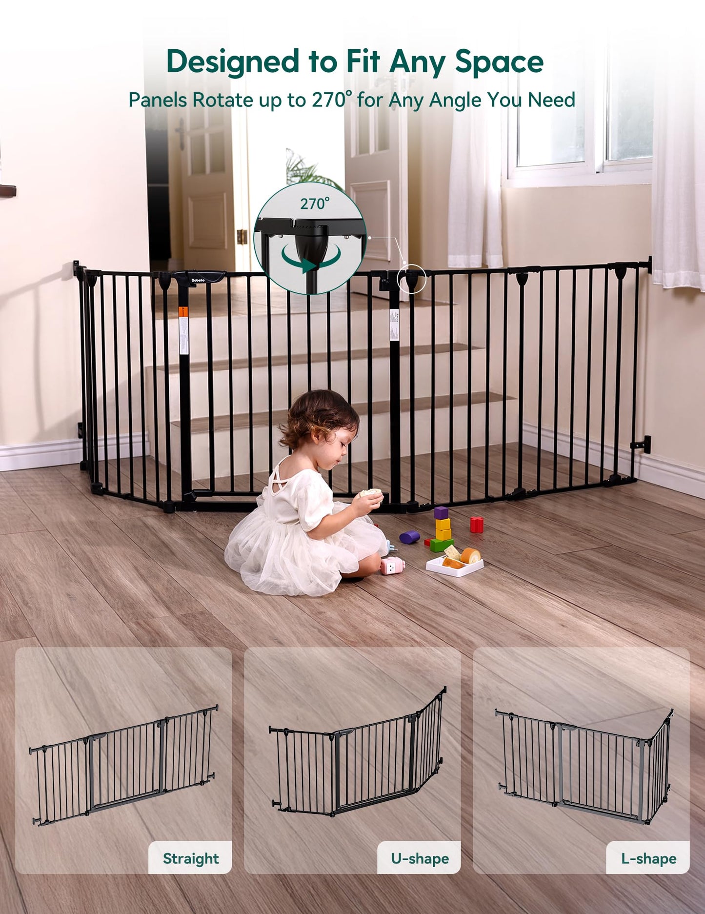 Babelio 72" Extra Wide Baby Gate, 30” Tall Auto Close Dog Fence for Stairs Kitchen Doorways Fireplace, Hardware Mounted Pet Gate Indoor, Foldable 3 Metal Panels, AdaptiZone Series, Black