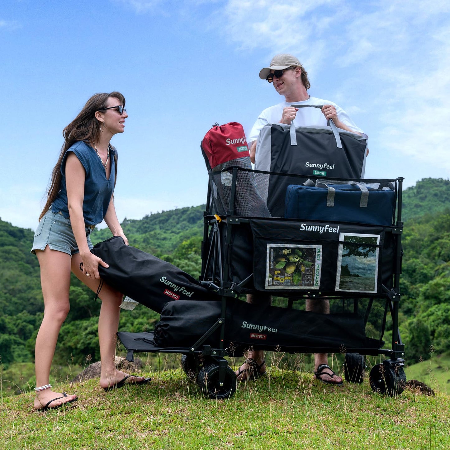 SUNNYFEEL 550L Large Capacity Folding Sports Wagon, 550LBS Heavy Duty Collapsible Cart,Extra High Extender Wagon Cart with Tailgate, All-Terrain Big Wheels for Camping Fishing & Outdoor Use，Black