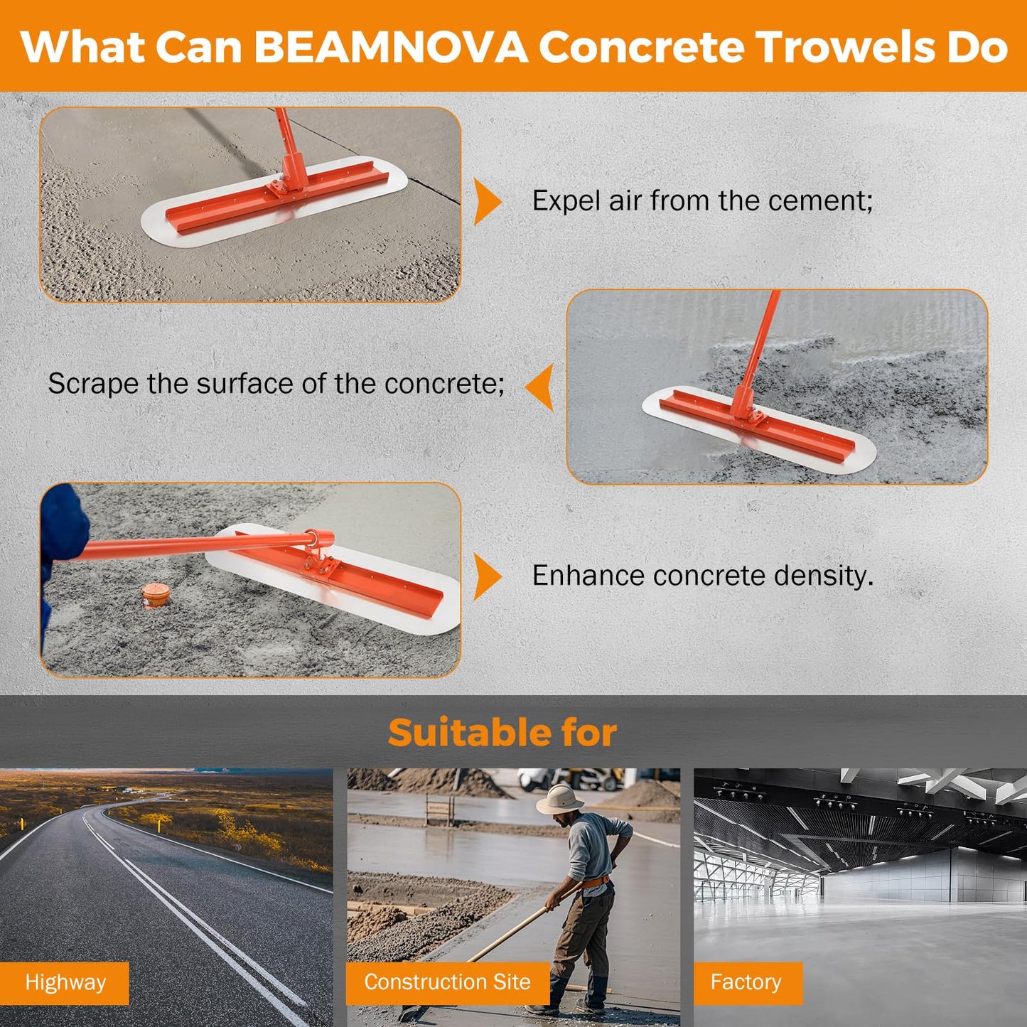 BEAMNOVA Bull Float Concrete Tools with 48 * 12 Inches Stainless Steel Scraper Concrete Trowel 181 in Cement Extension Rod Concrete Finishing Tools Kit