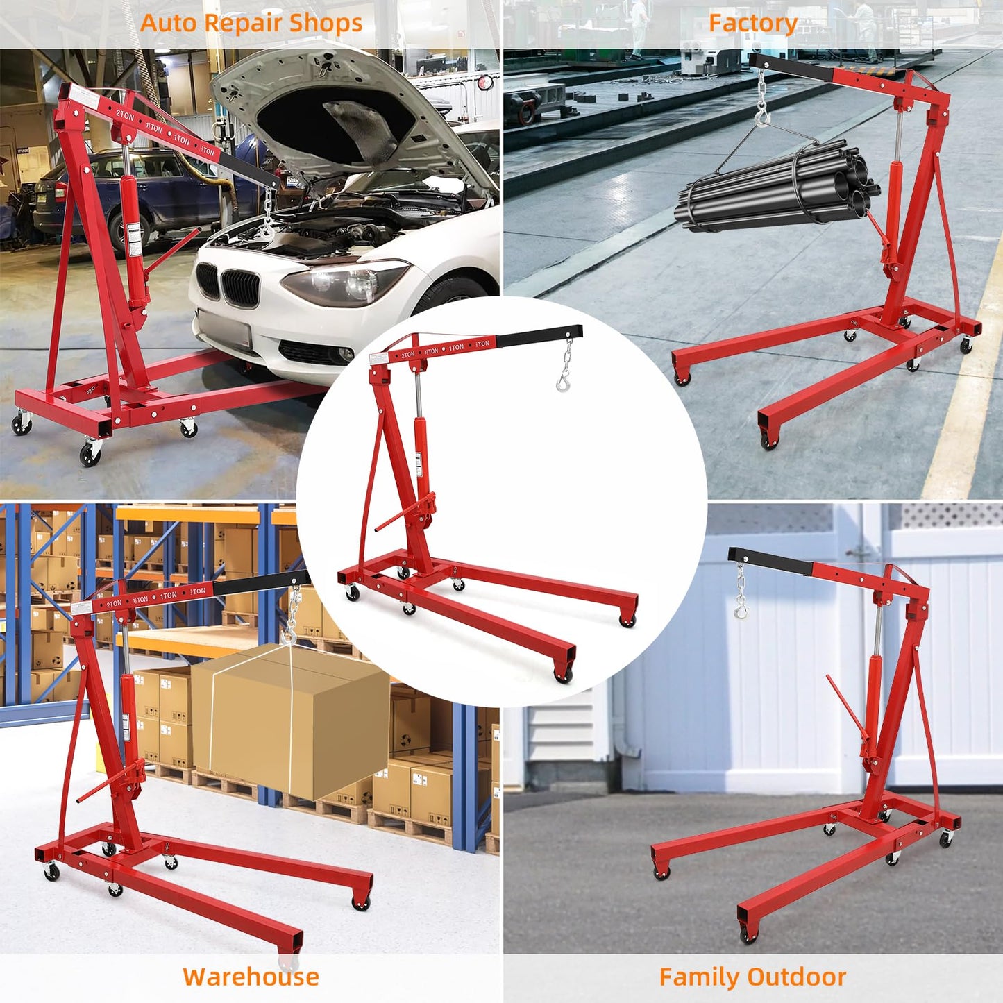 2 Ton Folding Hydraulic Engine Hoist, Folding Engine Shop Crane Hoist Lift, Heavy Cherry Picker with 6 Wheels for Garage, Workshop,Cherry