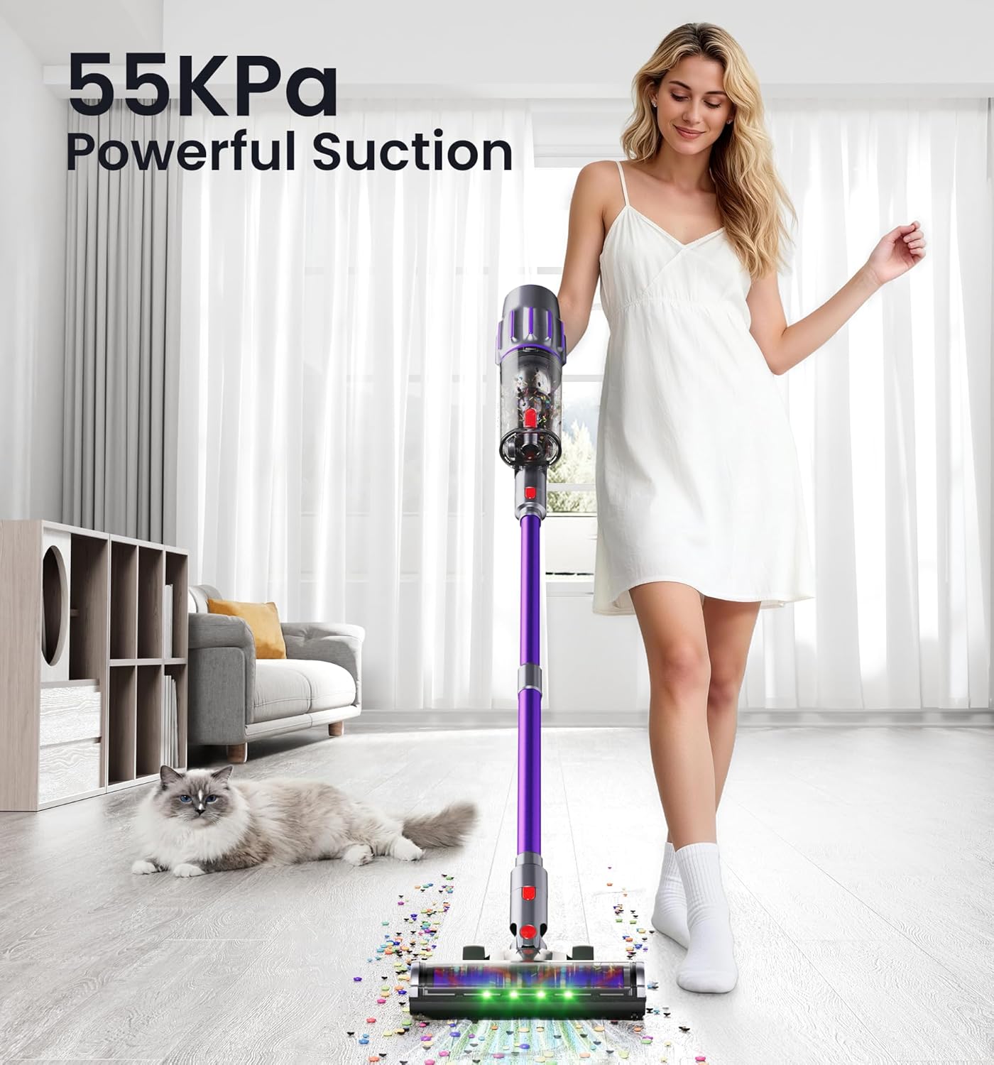 Skiennix Cordless Vacuum Cleaner - 650W Power, 80 Minutes Runtime, Smart Display, V-Shaped Brush | Ideal for Home & Pet Hair