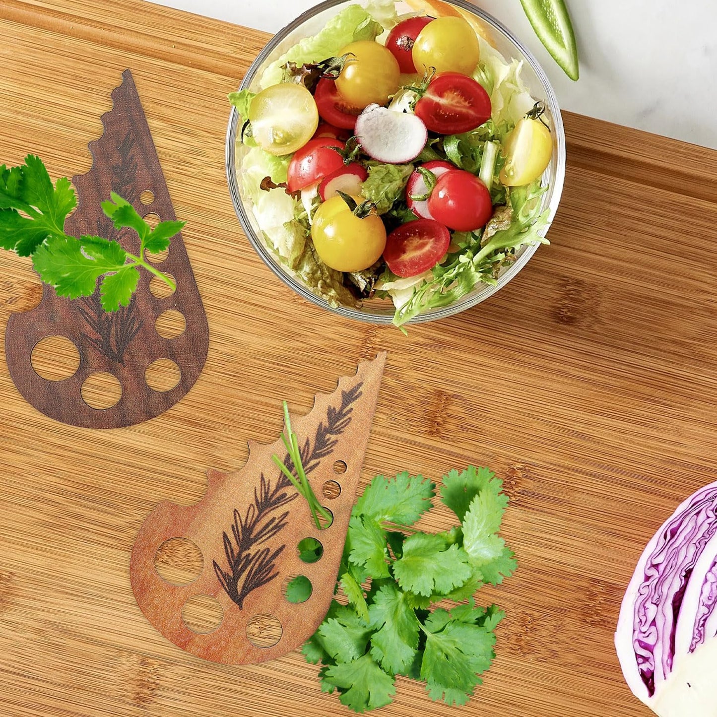 2Pcs Wooden Vegetable Leaf Separator, Handmade Herb Stripper Tool,Fun Kitchen Gadgets, Exquisite Herb Stripper Bowl Gifts for the Kitchen Suitable for Home Use & Chefs