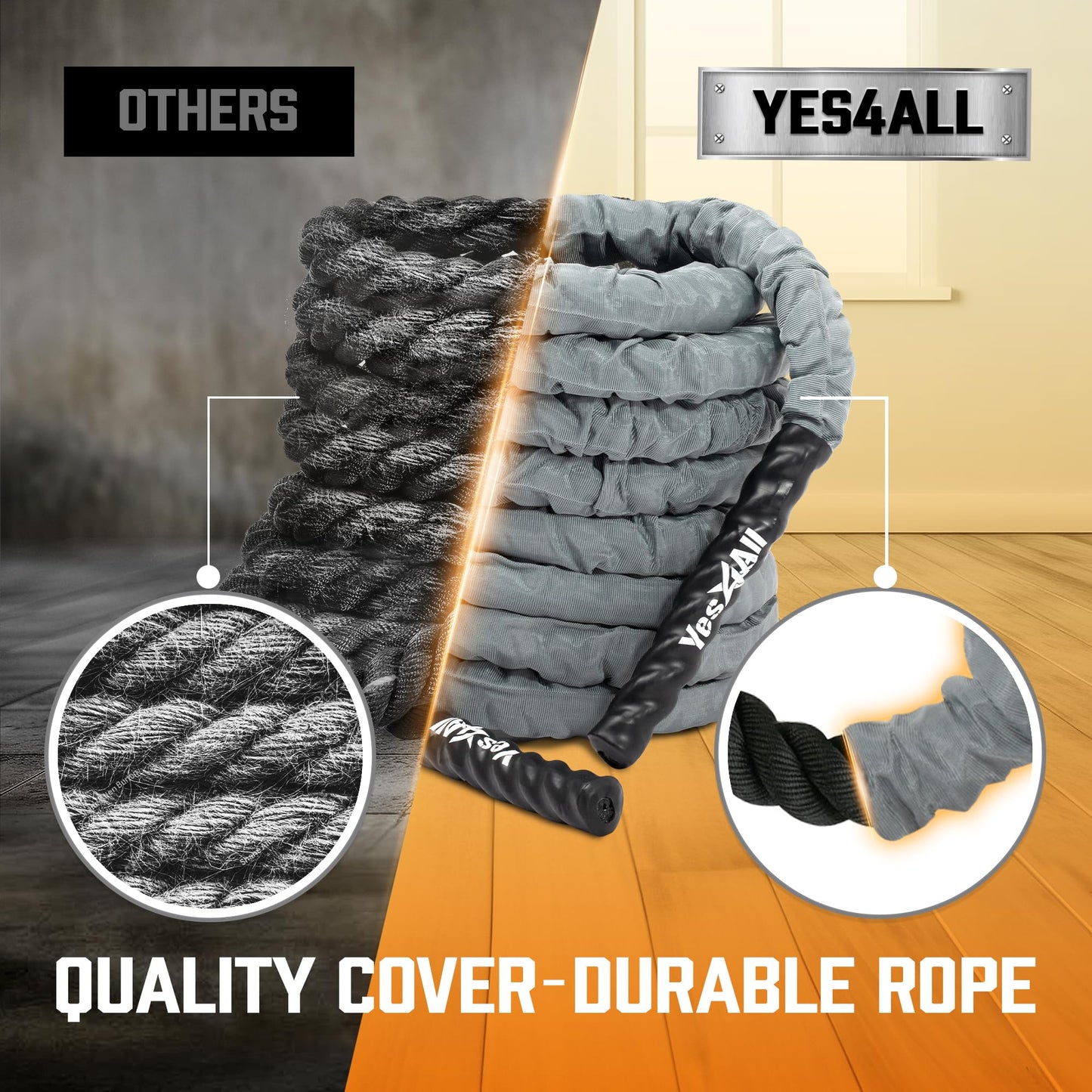 Yes4All 1.5 Inch Battle Ropes with Extra Protective Sleeve, Workout Ropes for Cross-Training Home Gym & Fitness Exercises, Strength Training - 30,40 Feet Lengths Available
