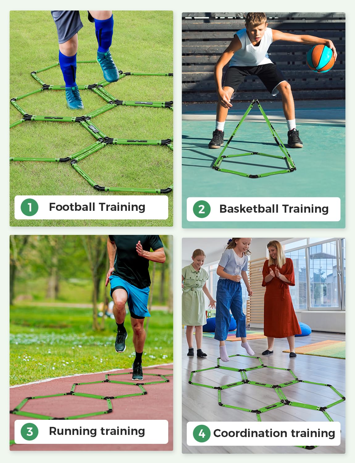 GHB Hex Agility Rings Speed Rings with Carrying Bag 6 Set Portable Hexagon Rings, Agility Ladder for Agility Footwork Training (Green)
