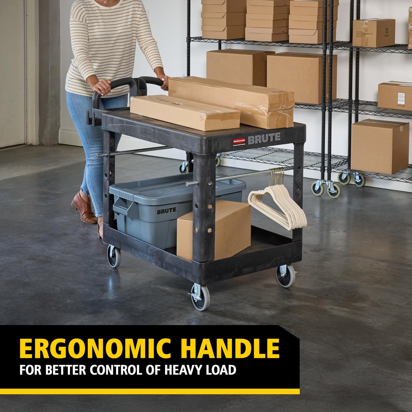Rubbermaid Commercial Products 2-Shelf Utility/Service Cart, Medium, Flat Shelves, Ergonomic Handle, 500 lbs. Capacity, Ideal for Warehouse/Garage/Cleaning/Manufacturing
