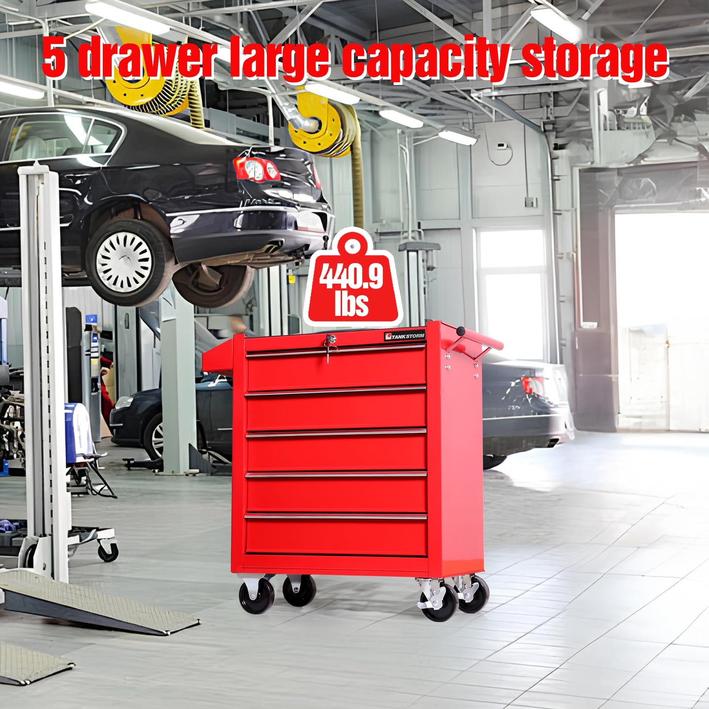 TANKSTORM Tool Chest Heavy Duty Cart Steel Rolling Tool Box 5 Drawer Cart (TZ35 Red)