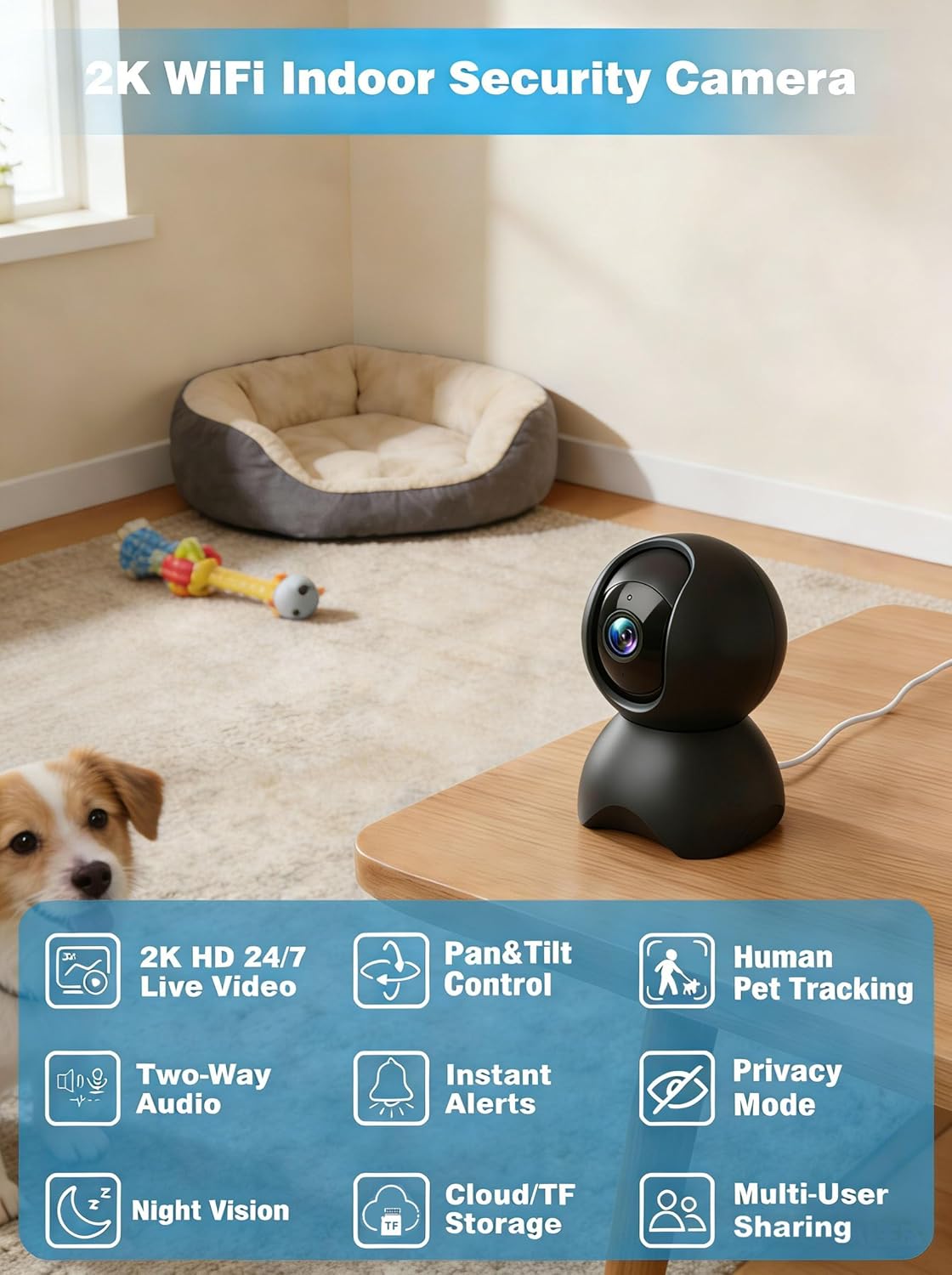 YYSY 2K 2.4/5GHz 360 Indoor Security Camera for Home Security, Dual-Band WiFi Baby Monitor with Phone App, PTZ Dog
