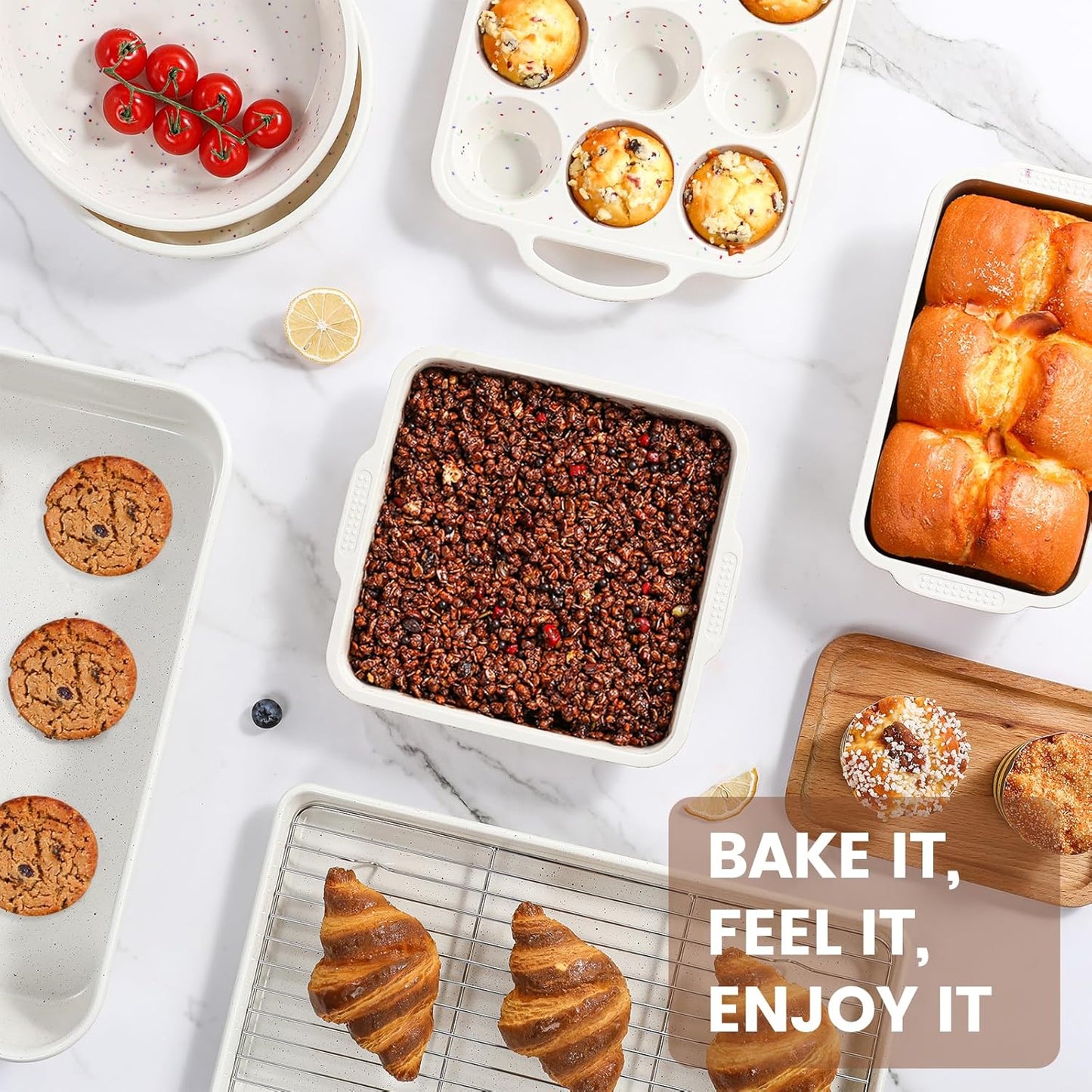 Vinino 8-Piece Nonstick Baking Pans Set - Silicone Muffin, Loaf & Cake Pans with Metal Reinforced Frame & Roasting Pan | Oven Safe, Cream Color