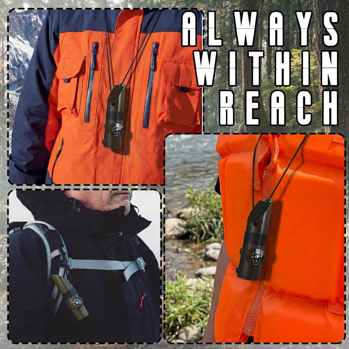 Xuhal 4 Pack Emergency Survival Whistle Loud Safety Whistle 7-in-1 Multifunctional Outdoor Survival Tool with Compass Thermometer LED Light Magnifier for Hiking Camping Boating Kayaking and Rescue