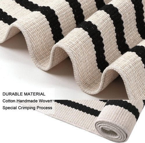 LEEVAN Outdoor Rug Runner - Black and White Striped Cotton Woven Doormat | 2x4 ft Washable for Home & Porch