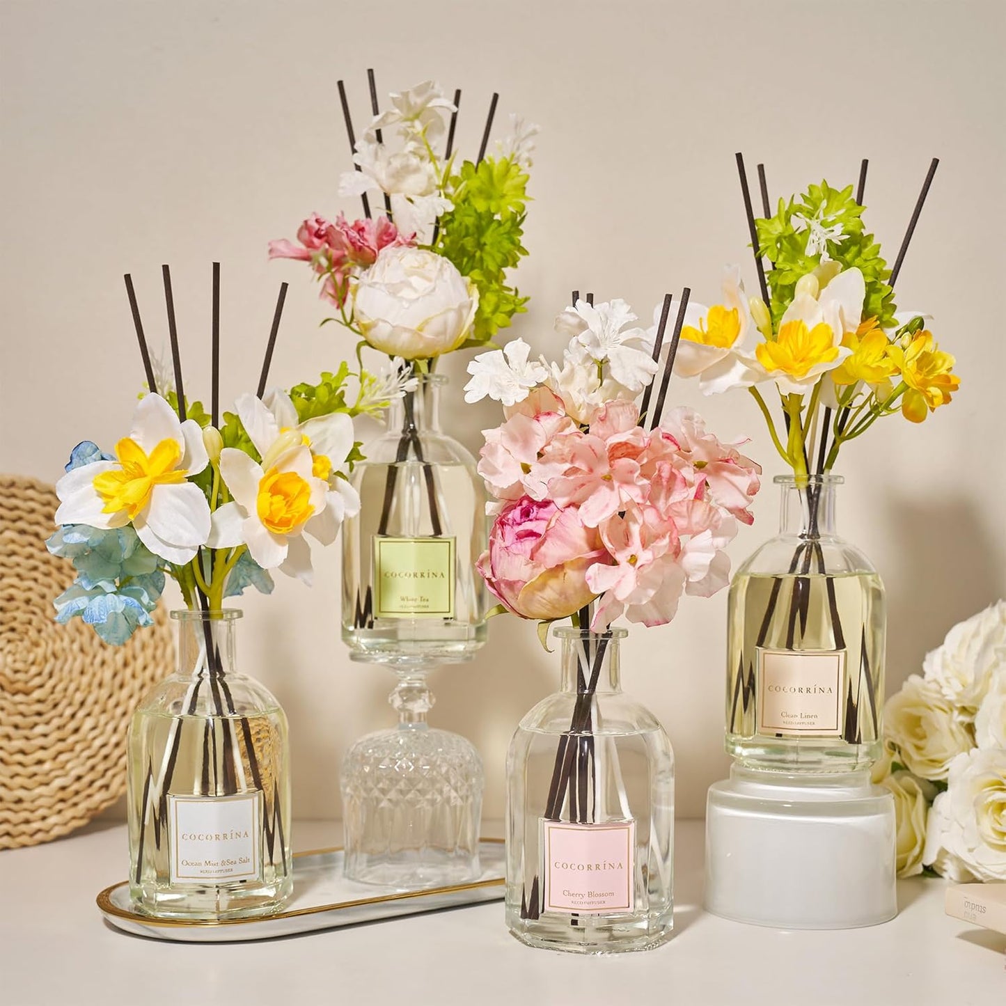 COCORRÍNA Reed Diffuser - Ocean Mist & Sea Salt | 8.5 Fl. Oz. Botanical Flower Home Decor