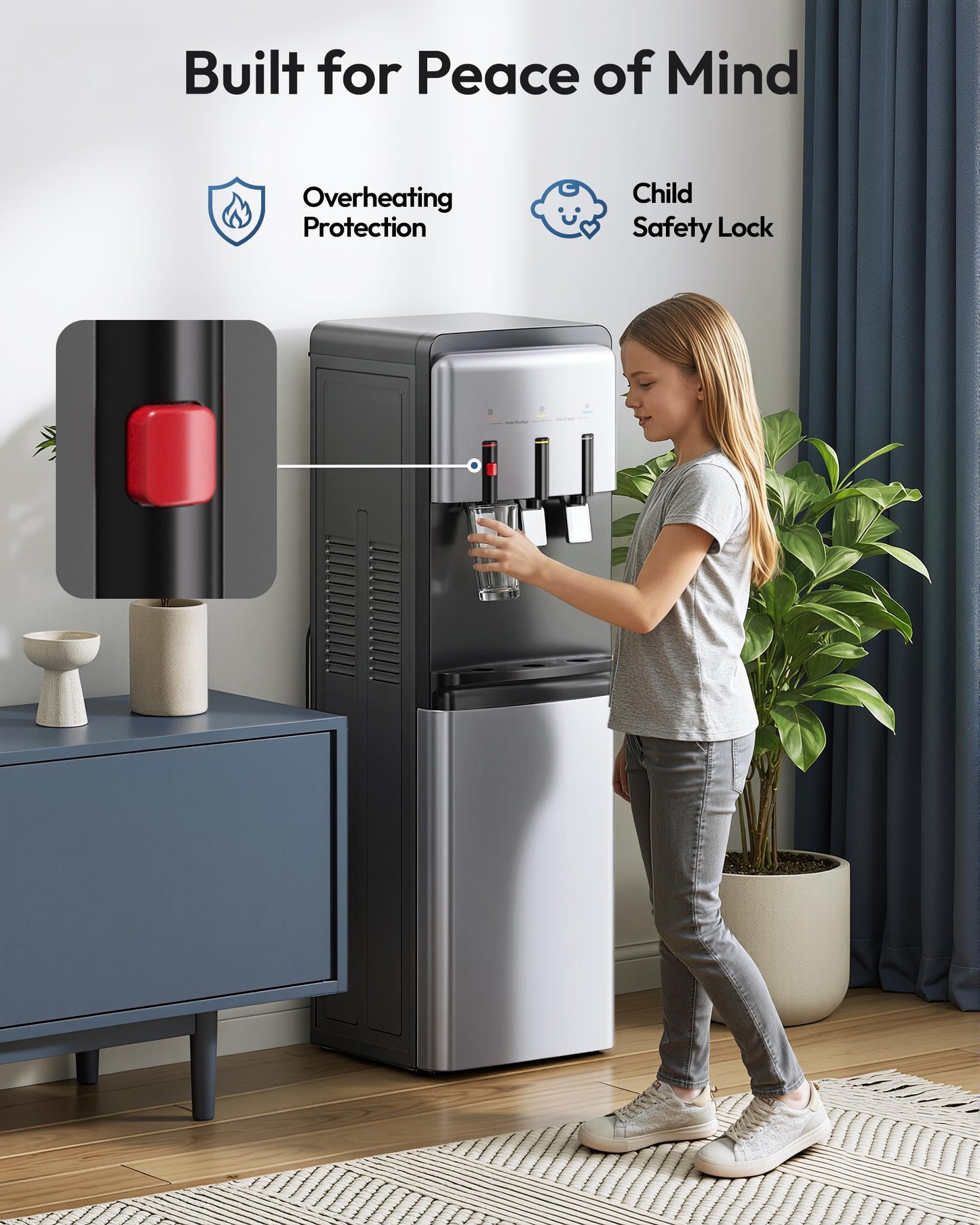 Euhomy Bottleless Water Cooler Water Dispenser, 3 Temperature Settings Hot Cold & Room Water, NSF Certified Dual Filters, Self Cleaning Water Dispenser, Child Safety Lock, LED Indicator, Black