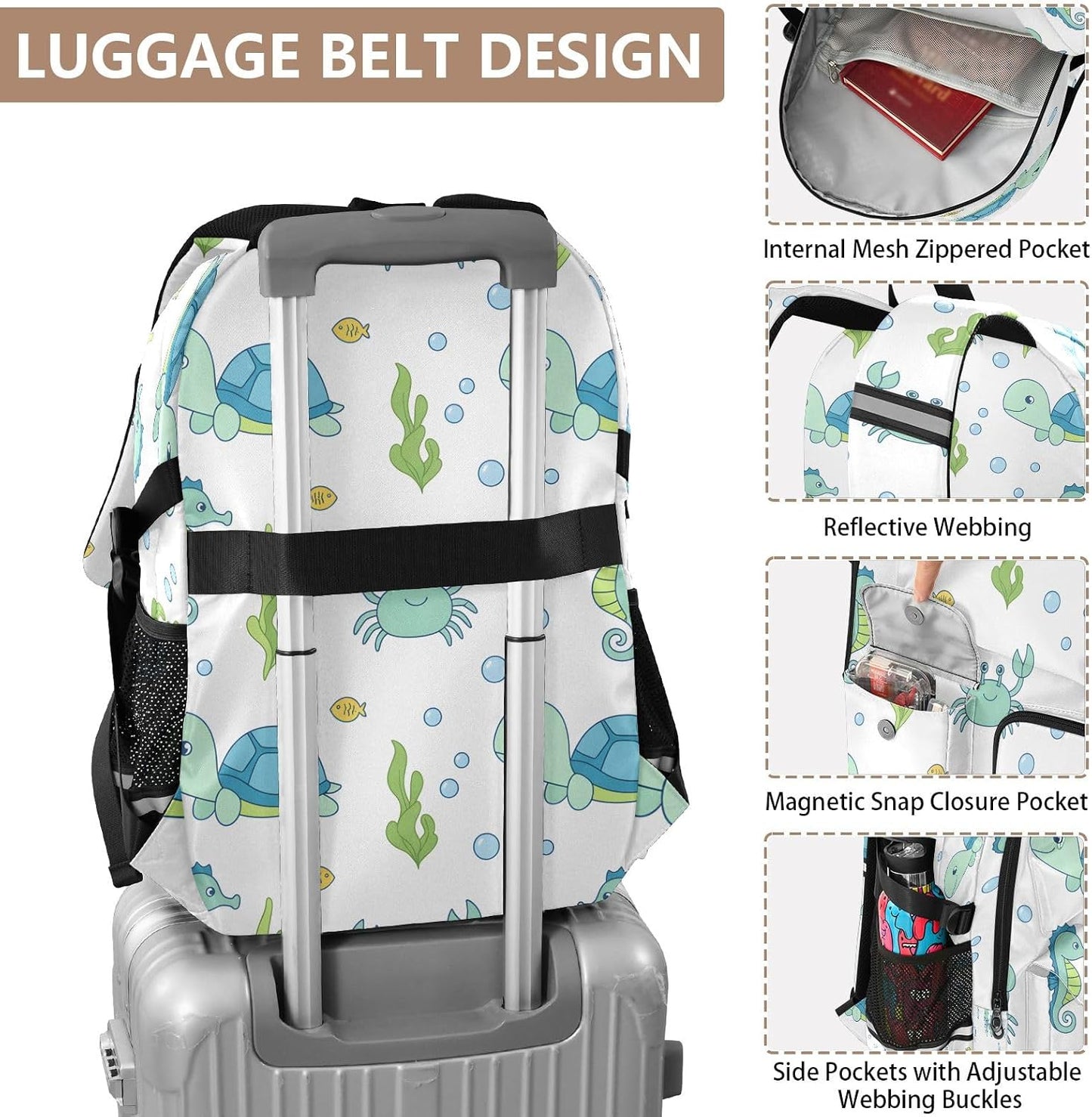 Bolaz Backpack 14 Inch Turtle Seahorse Crab Travel Laptop Computer Bag Sturdy School Bag College Bookbag