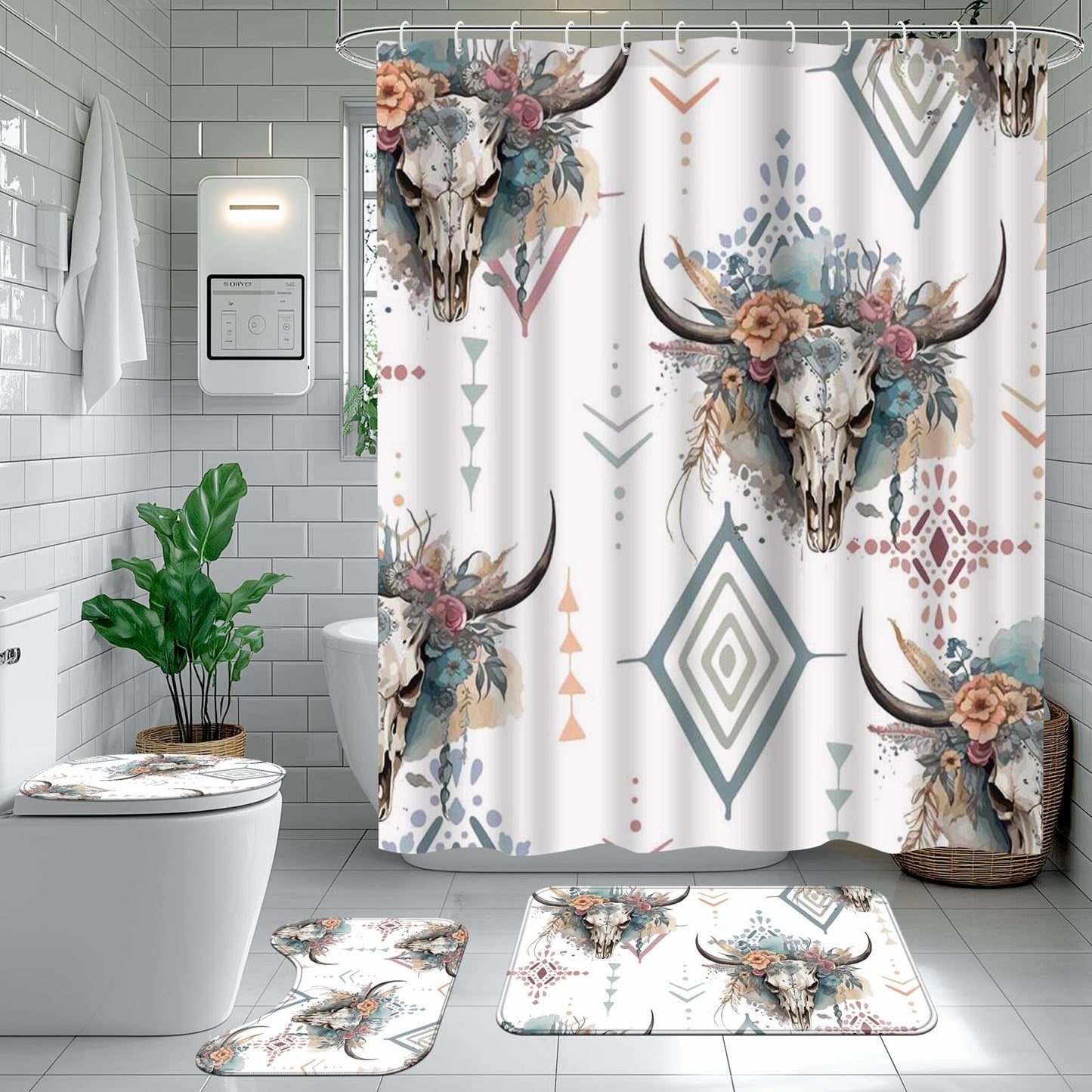 Ticuenicoa Western Cow Skull Shower Curtain Set, 4 Pcs 72x72 Inch Bathroom Decor with Bath Mat, U-Shape Rug, Toilet Lid Cover & 12 Rustic Hooks, Waterproof Anti-Slip Design