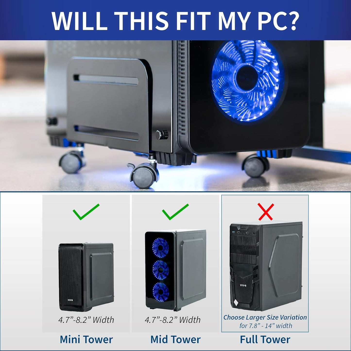 VIVO CART-PC01 Computer Mid-Tower Case, CPU Steel Rolling Stand, Adjustable Mobile Cart Holder with Locking Caster