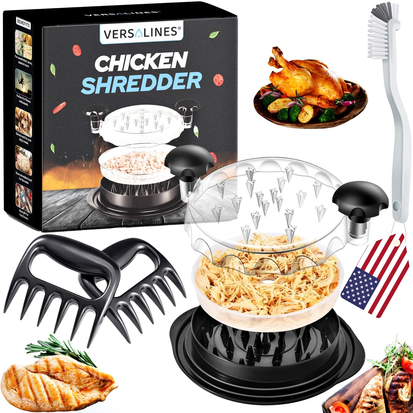 VERSALINES 3 Layer Pro Chicken Shredder with Removable Tray, Meat Claws, Brush - 10'' Chicken Breast Shredder Tool Twist, Meat Grinder Machine, Meat Shredder, Anti-Slip - For Chicken Beef Pork Veg