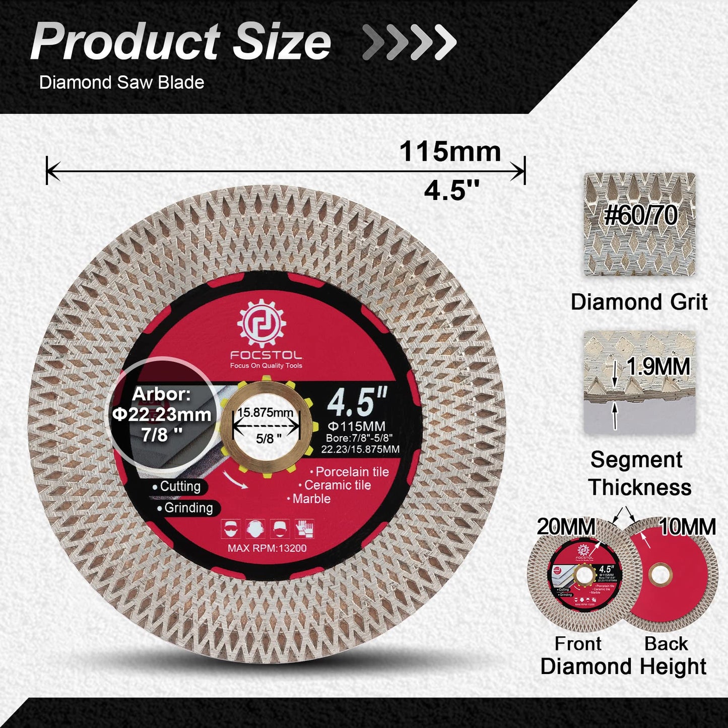 FOCSTOL Diamond Tile Saw Blade 4.5''(115mm) 1pc + Diamond Core Drill Bits Set 8pcs for Porcelain Ceramic Tile Marble Granite