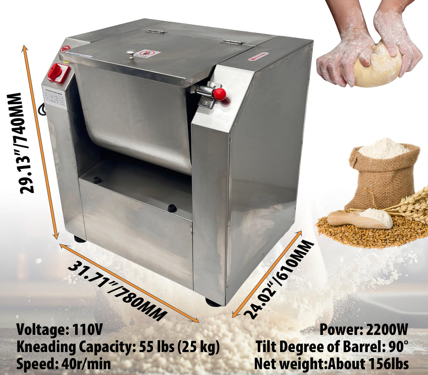 IntXanth 2200W Commercial Dough Mixer Electric Food Mixer, 50lbs Kneading Capacity Flour Mixer, Heavy Duty Vegetable Meat Blender for Restaurant
